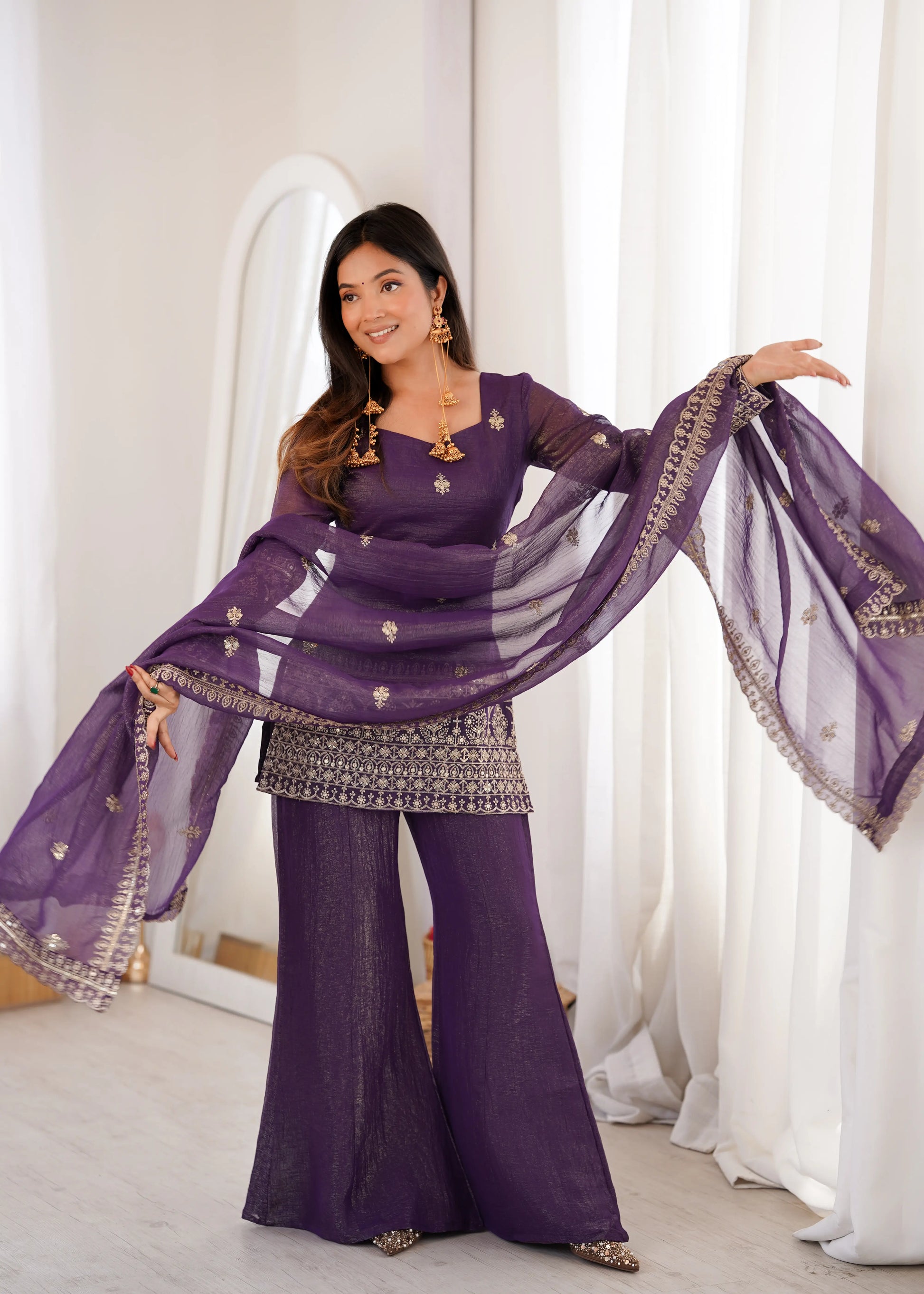 Purple Crinkle Silk Kurta Bell Bottom Set