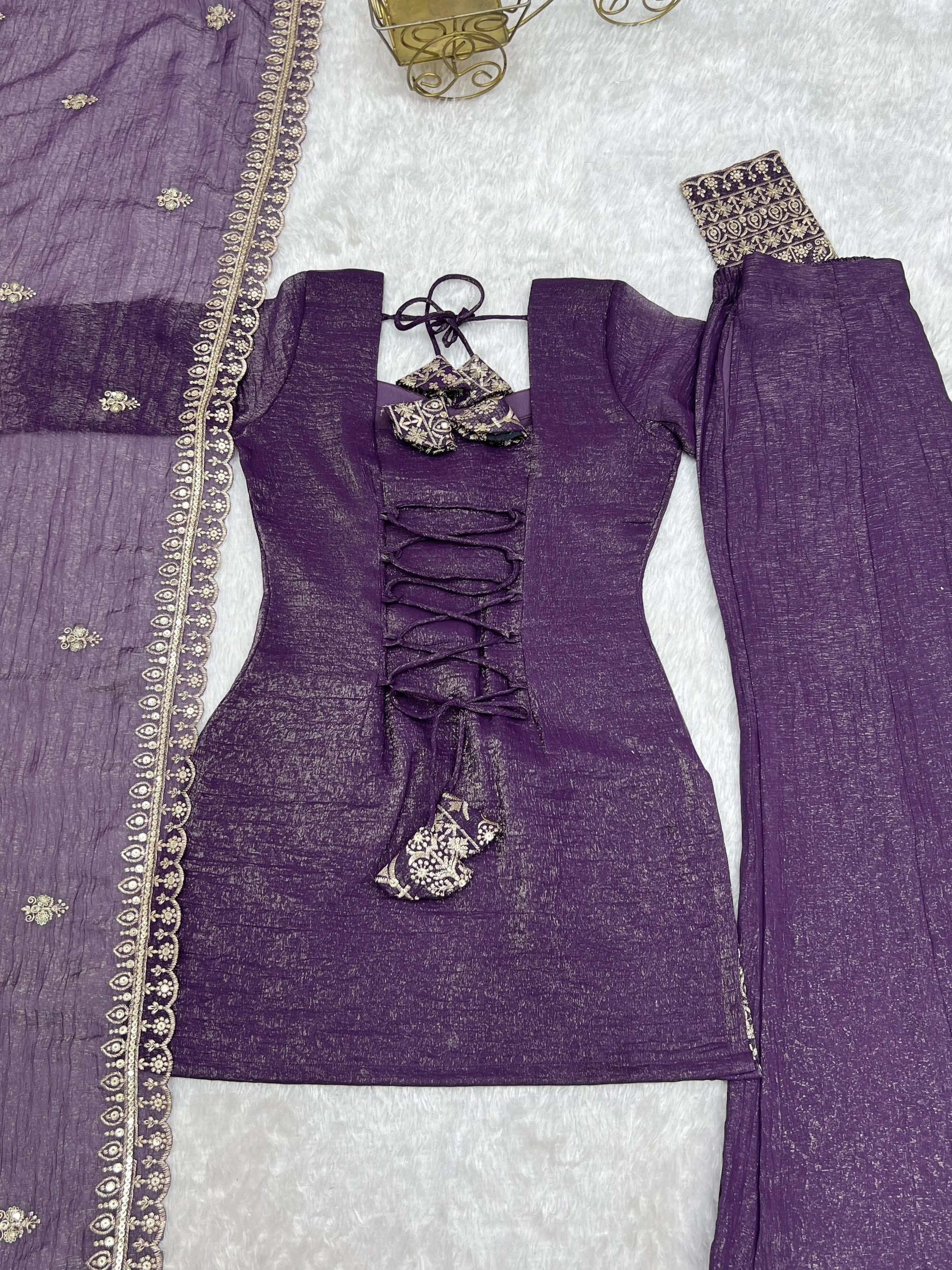 Purple Crinkle Silk Kurta Bell Bottom Set