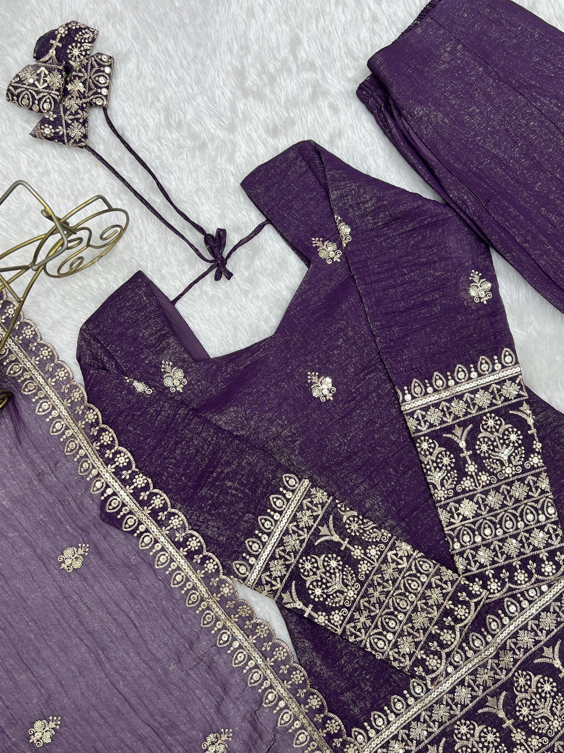 Purple Crinkle Silk Kurta Bell Bottom Set