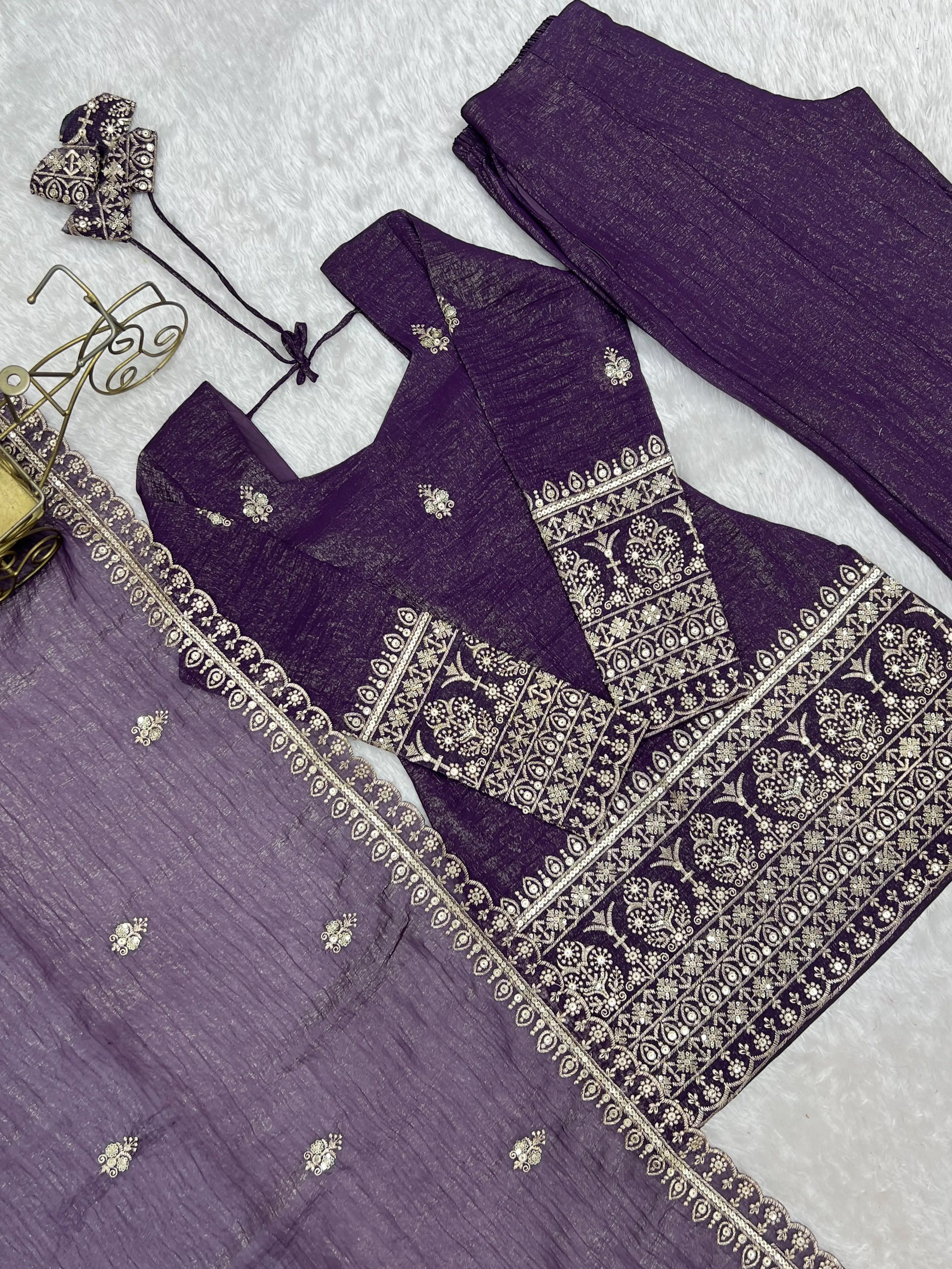 Purple Crinkle Silk Kurta Bell Bottom Set