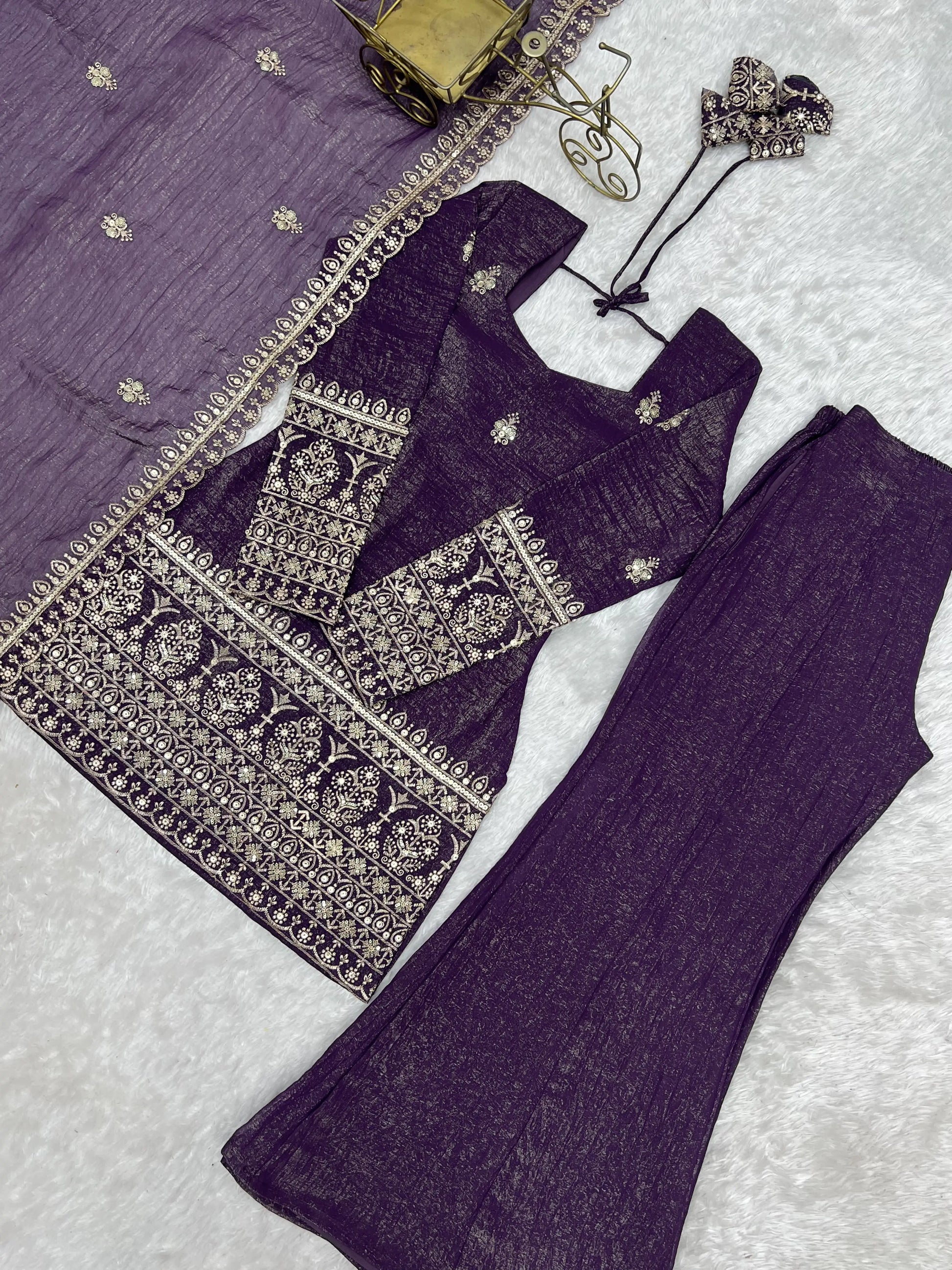 Purple Crinkle Silk Kurta Bell Bottom Set