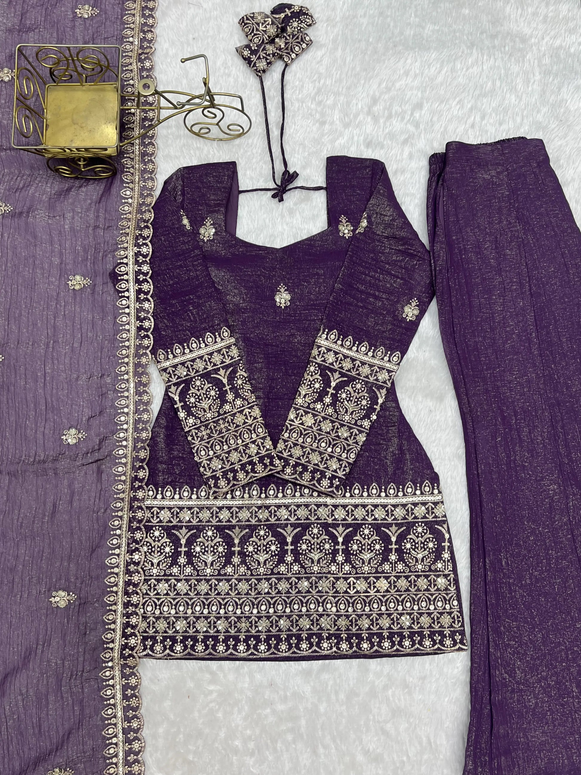 Purple Crinkle Silk Kurta Bell Bottom Set