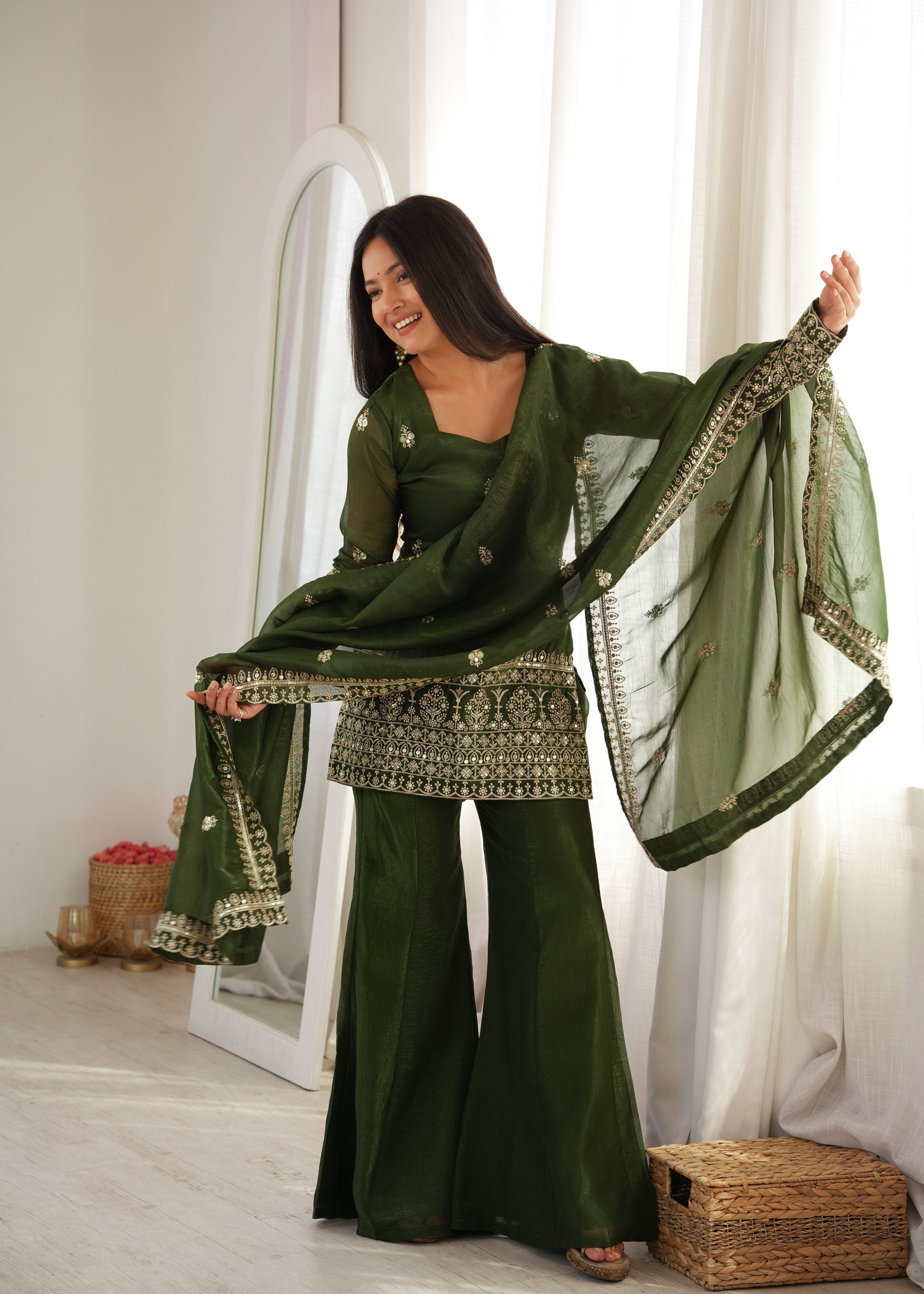 Purple Crinkle Silk Kurta Bell Bottom Set