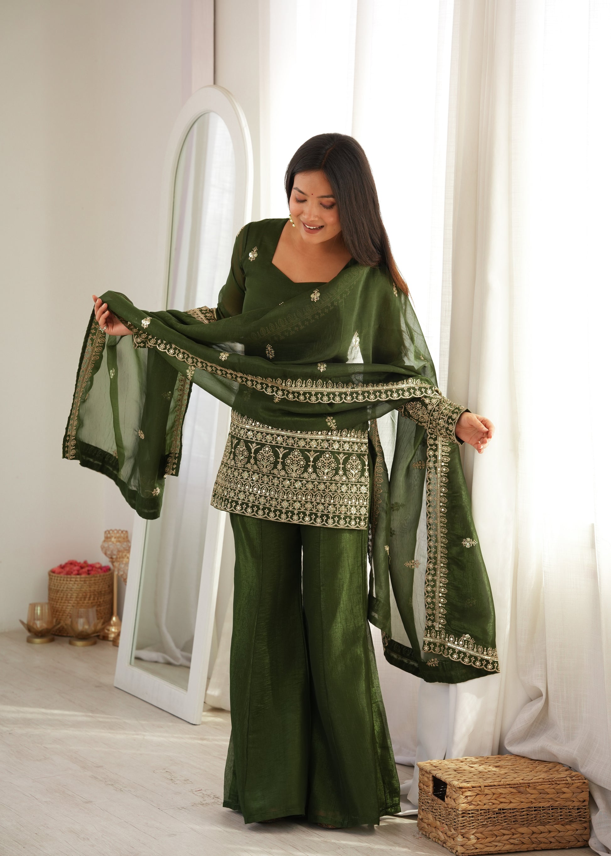 Purple Crinkle Silk Kurta Bell Bottom Set