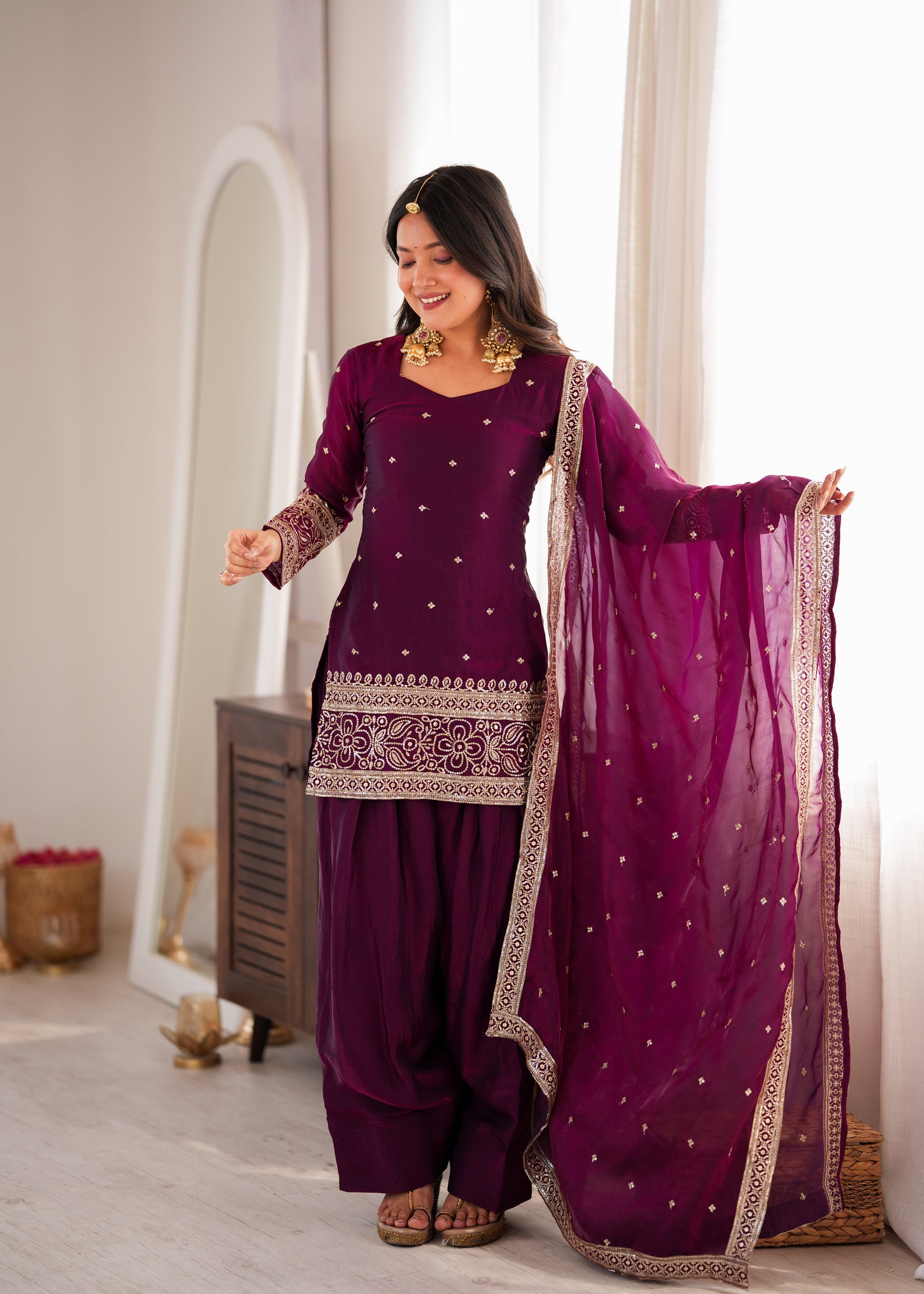 Purple Crinkle Silk Kurta Bell Bottom Set