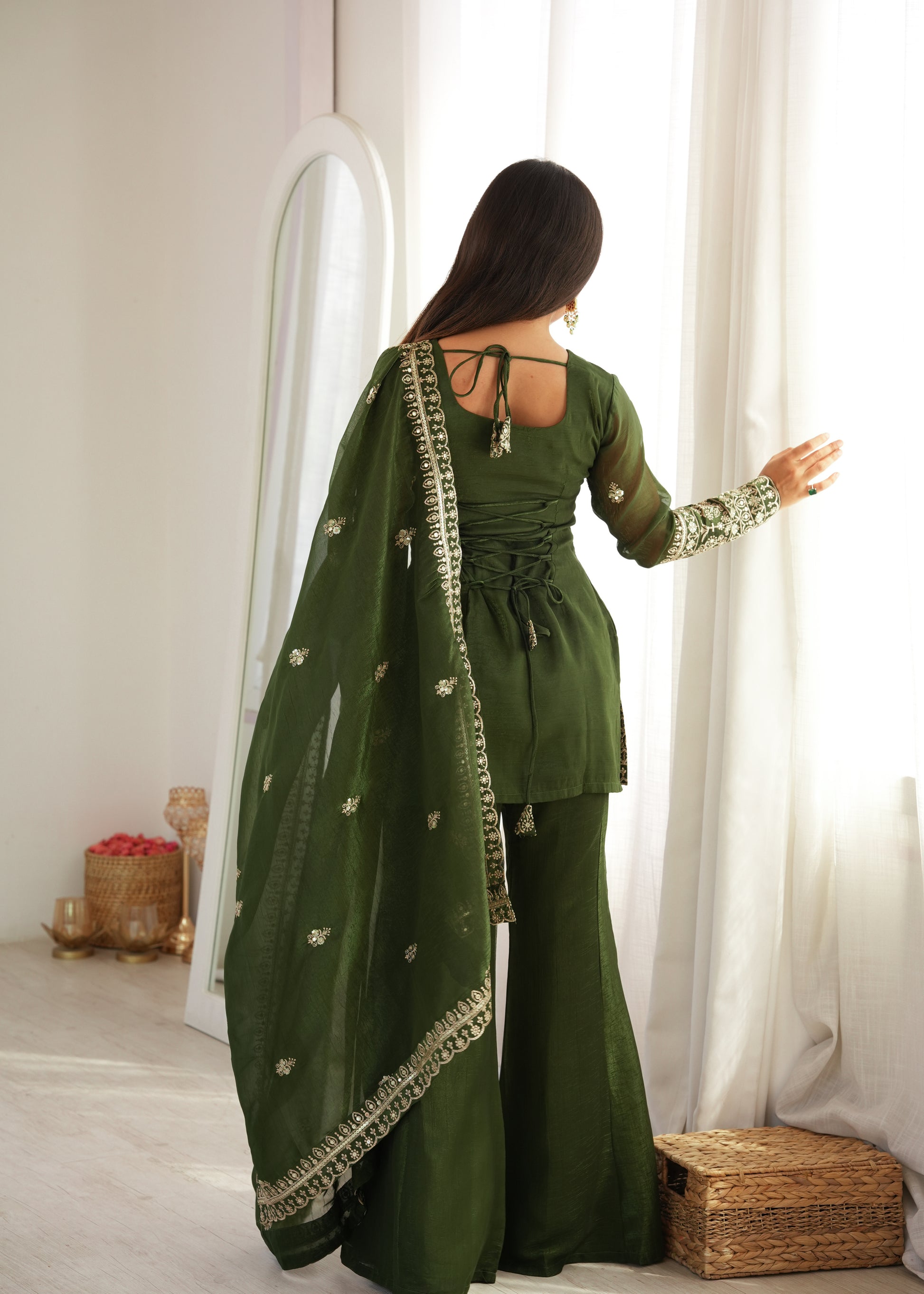 Purple Crinkle Silk Kurta Bell Bottom Set