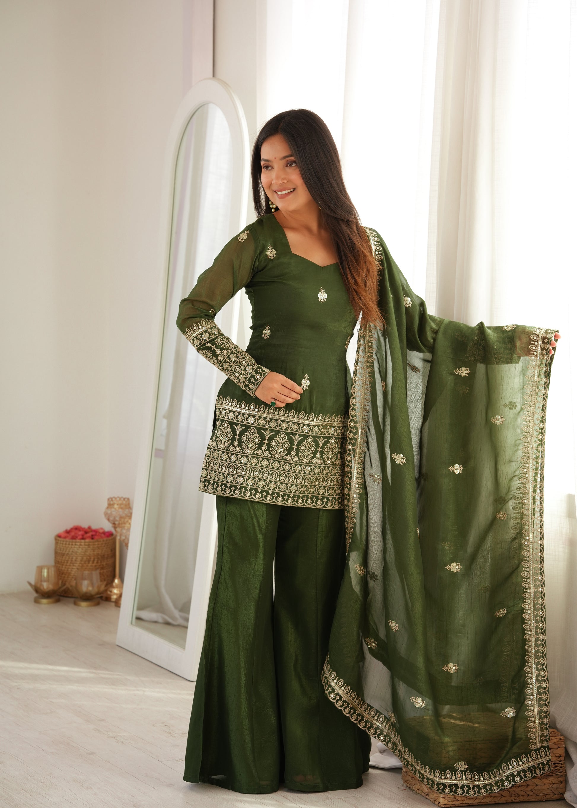 Purple Crinkle Silk Kurta Bell Bottom Set