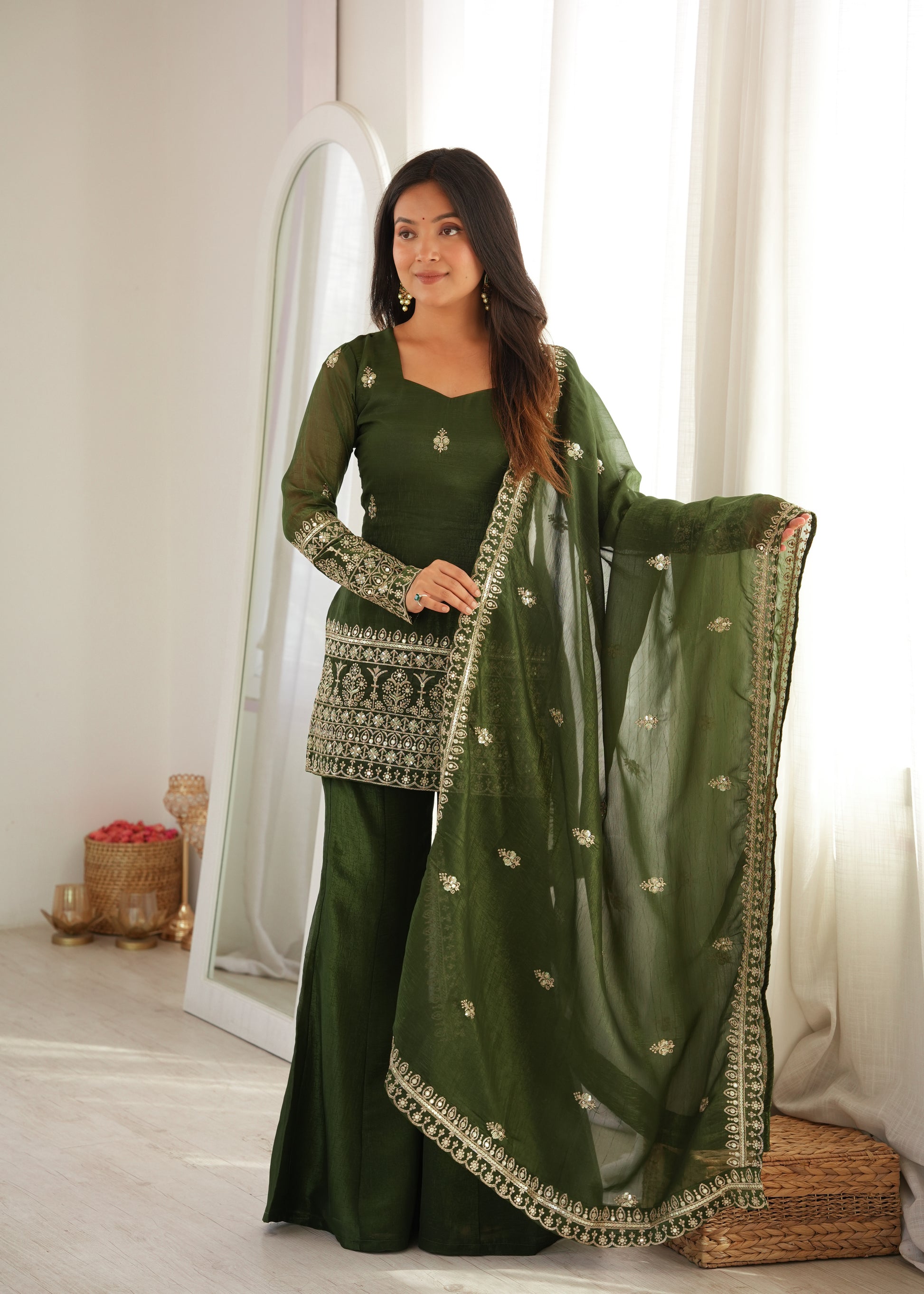 Purple Crinkle Silk Kurta Bell Bottom Set