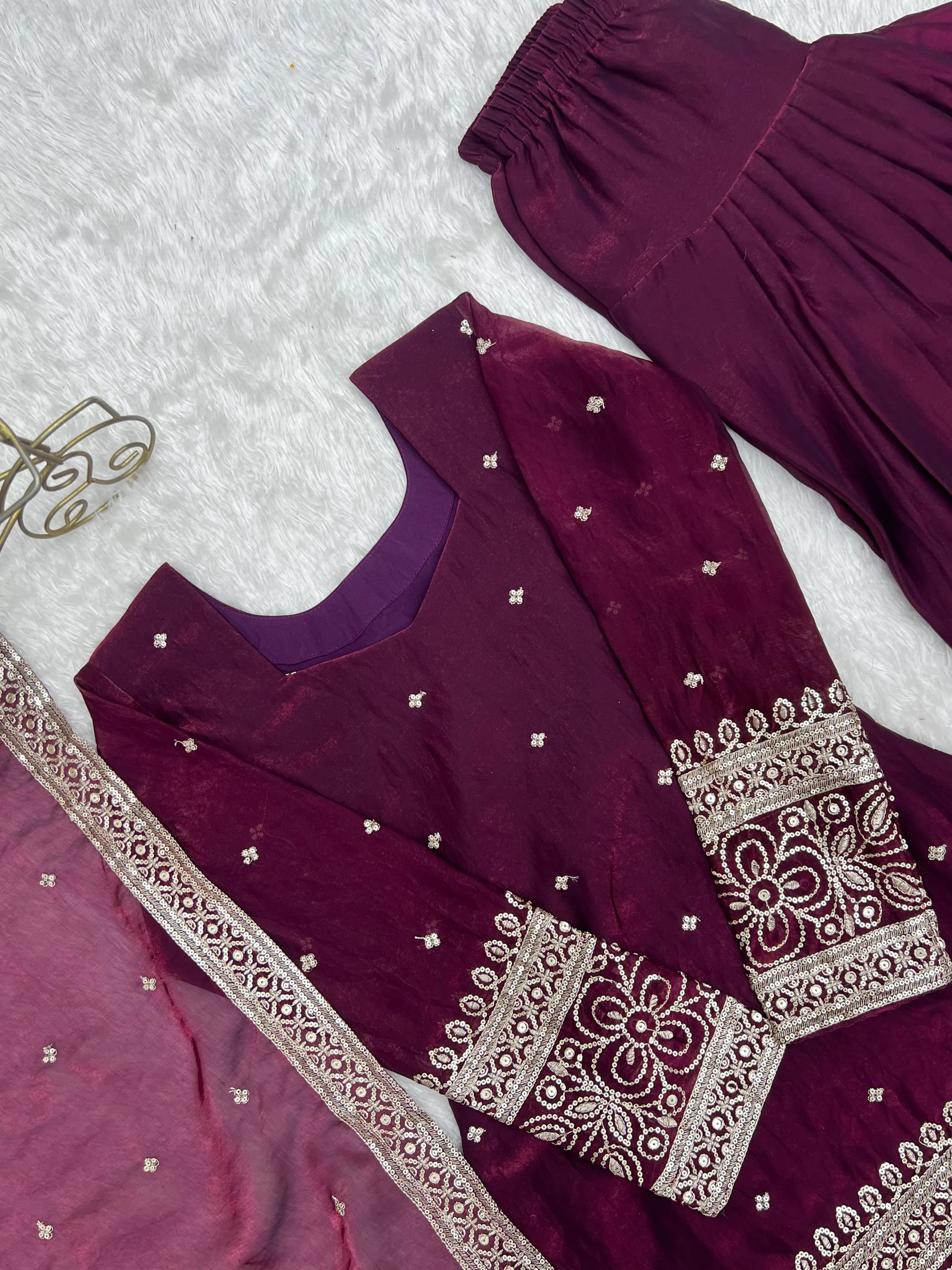 Purple Crinkle Silk Kurta Bell Bottom Set