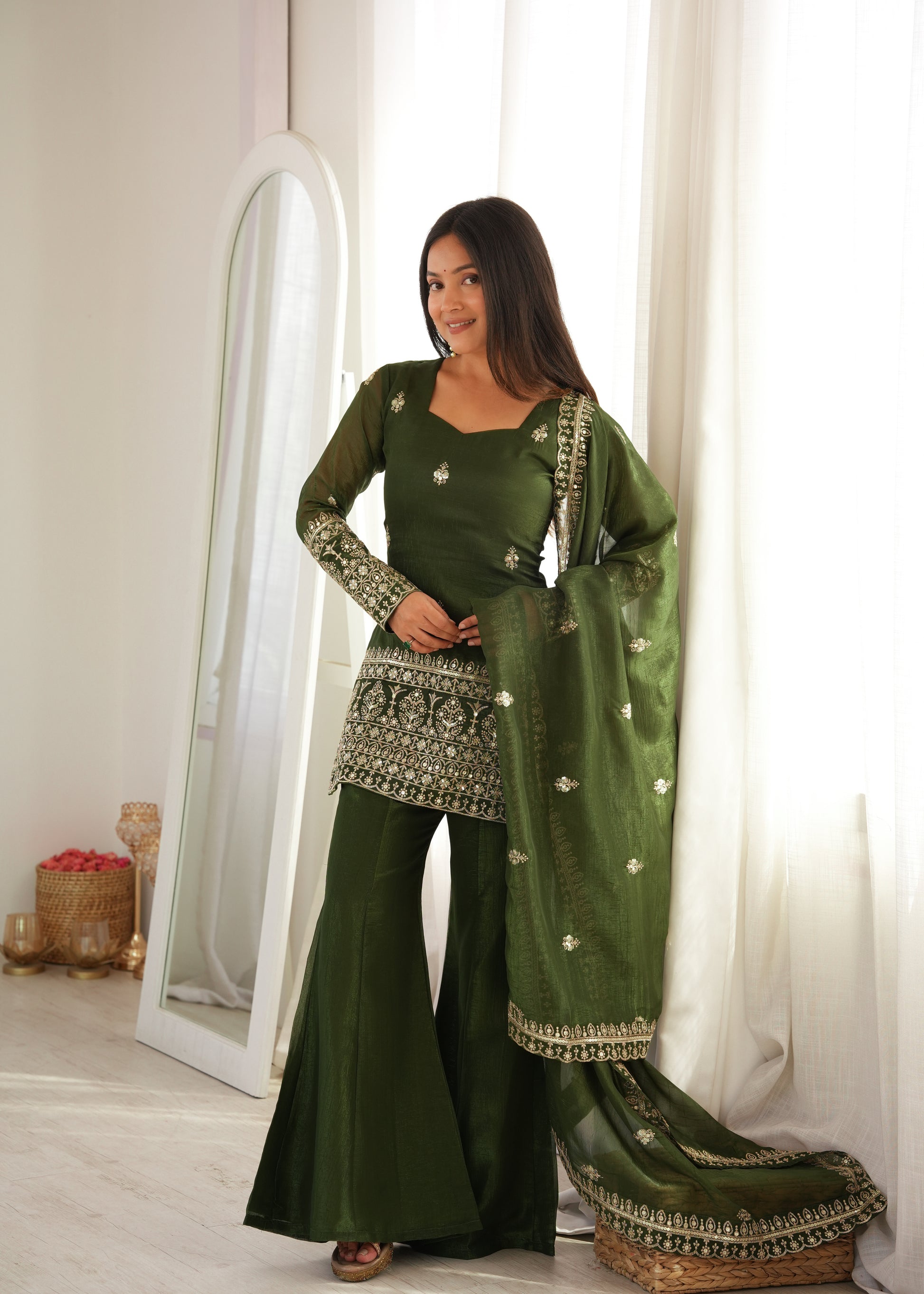 Purple Crinkle Silk Kurta Bell Bottom Set