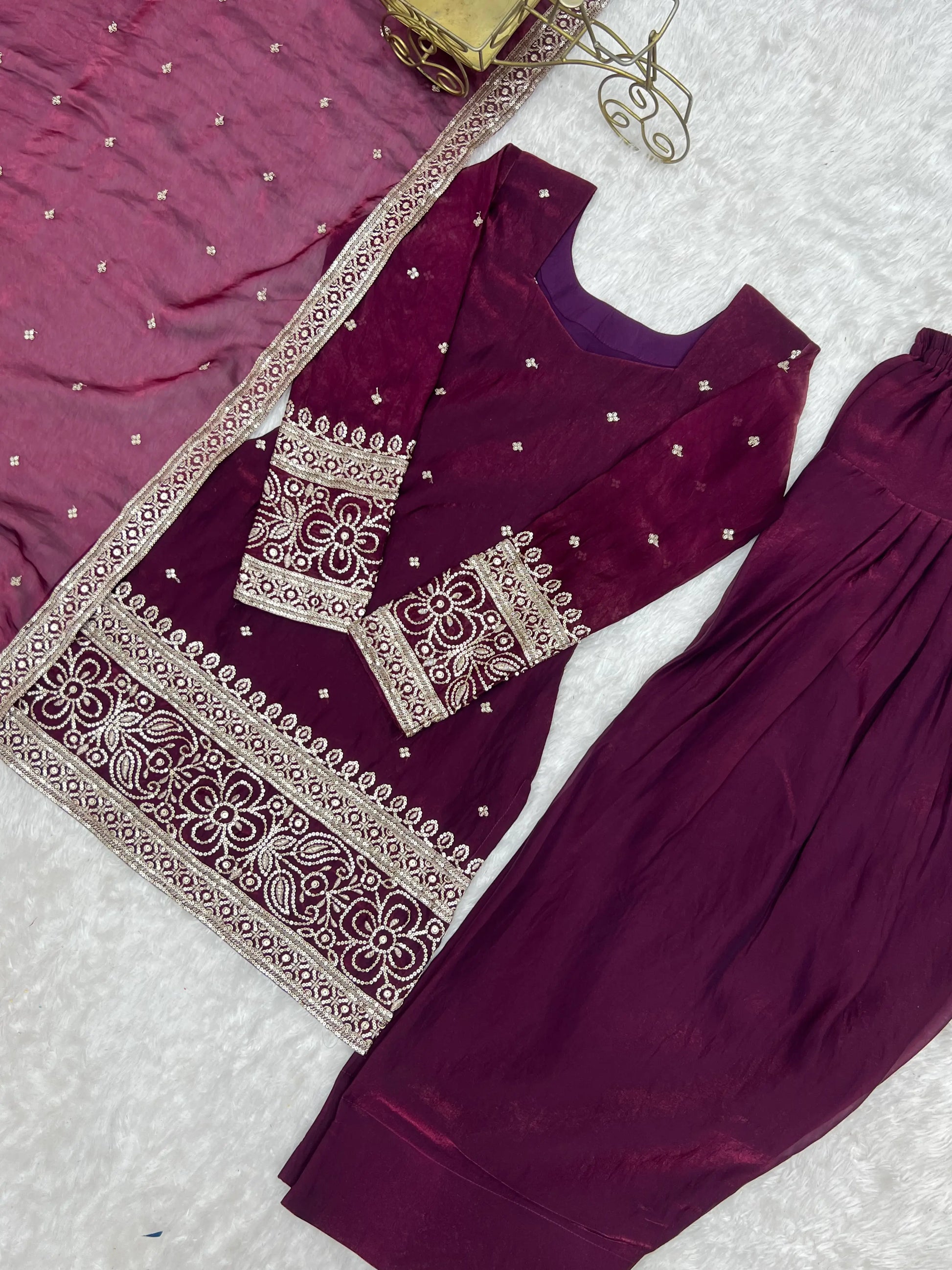 Purple Crinkle Silk Kurta Bell Bottom Set