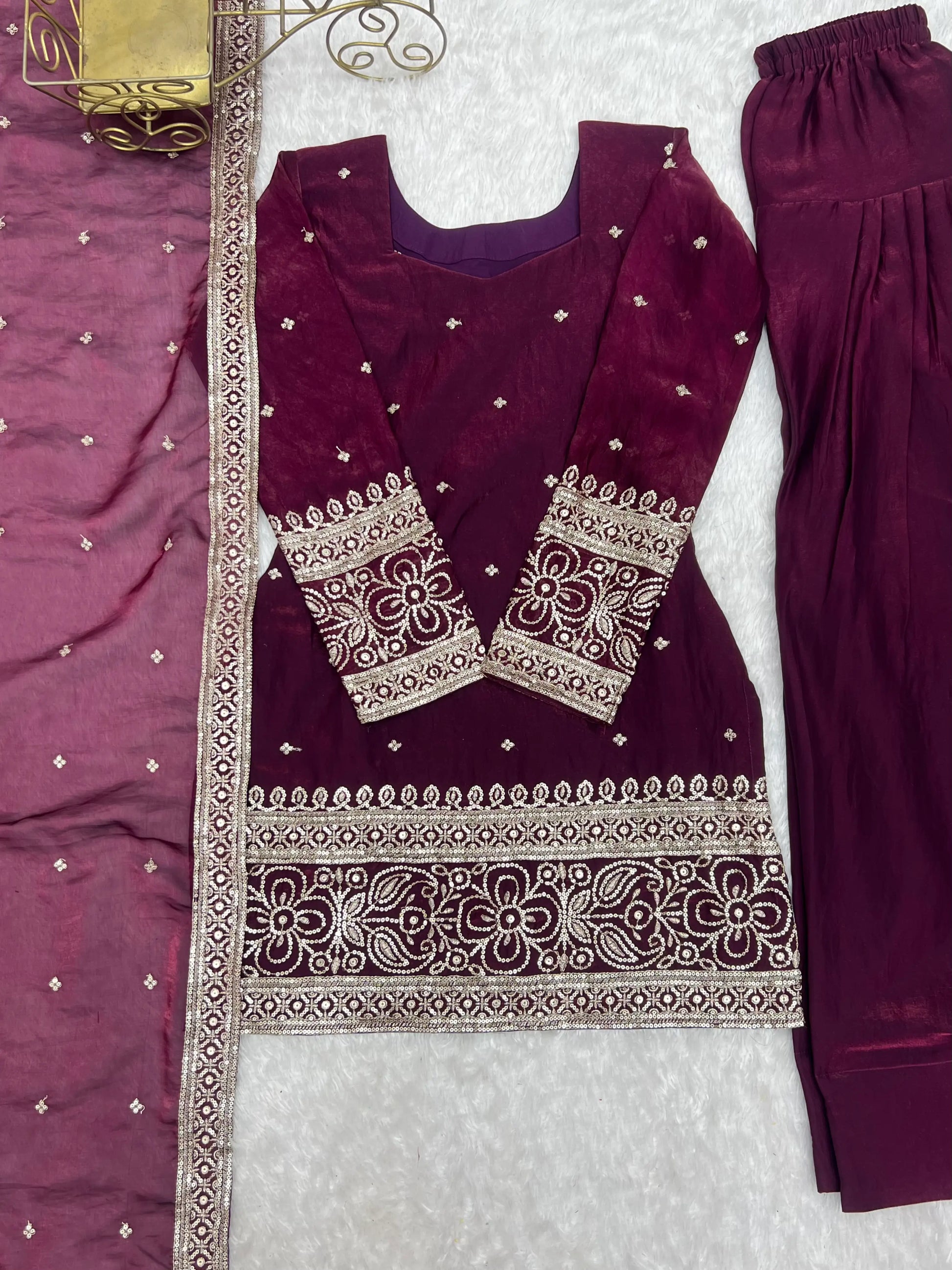 Purple Crinkle Silk Kurta Bell Bottom Set