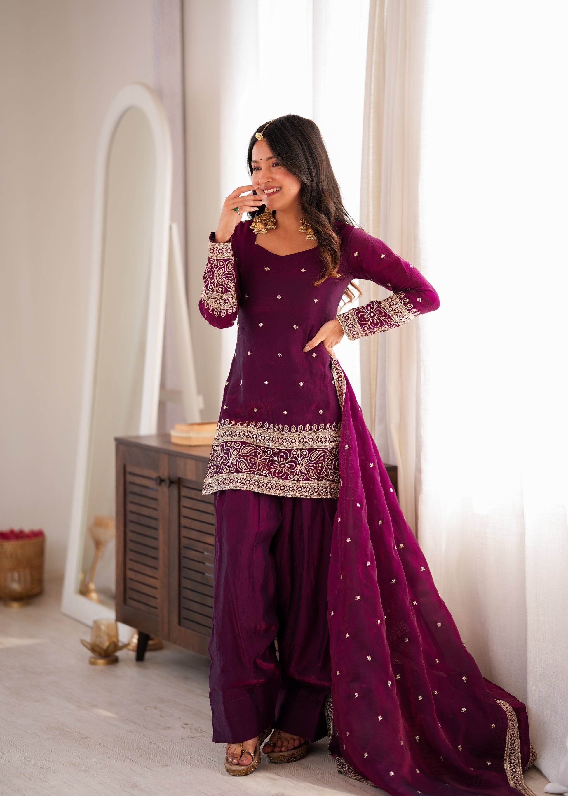 Purple Crinkle Silk Kurta Bell Bottom Set