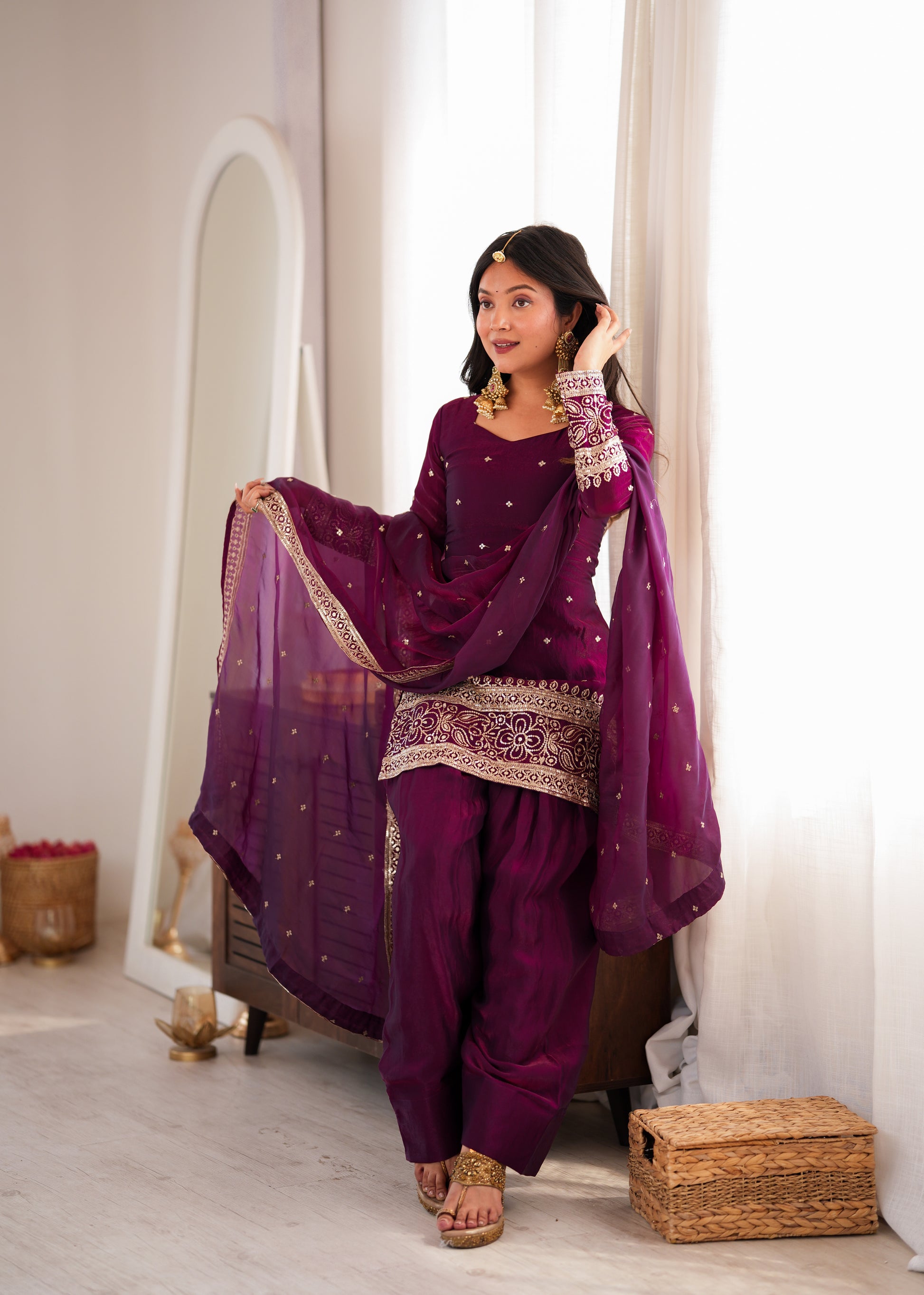 Purple Crinkle Silk Kurta Bell Bottom Set
