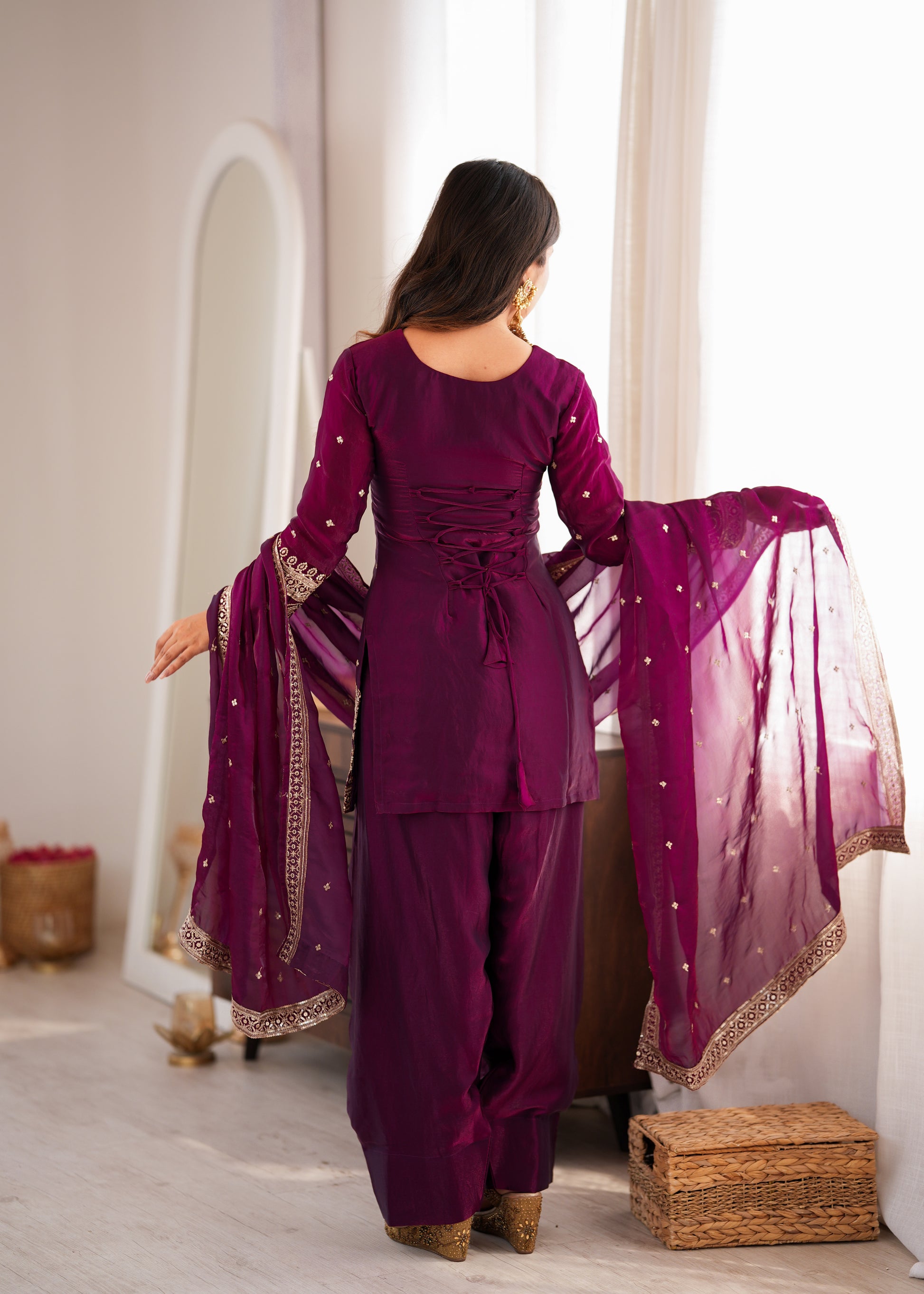 Purple Crinkle Silk Kurta Bell Bottom Set