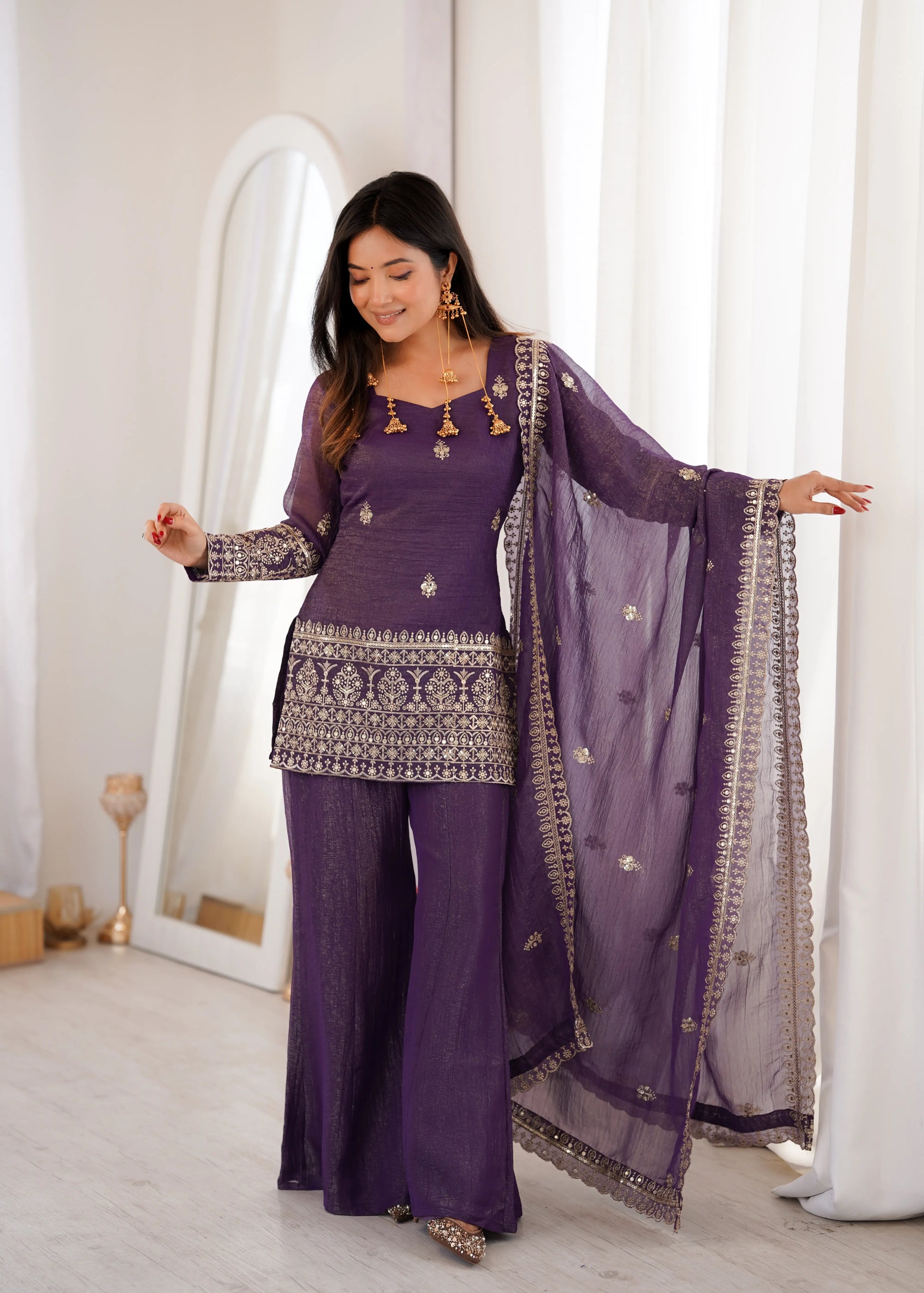 Purple Crinkle Silk Kurta Bell Bottom Set