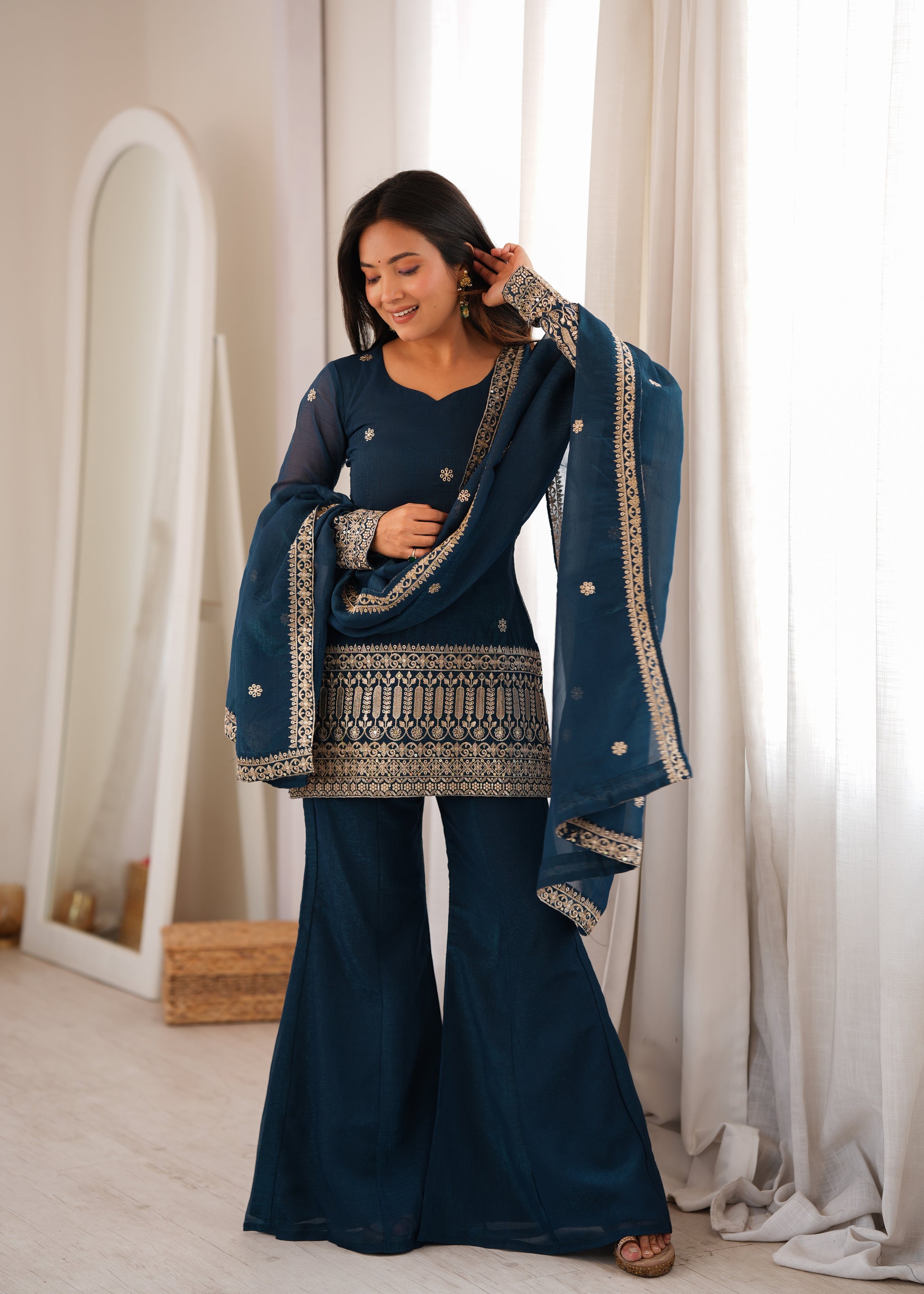 Purple Crinkle Silk Kurta Bell Bottom Set