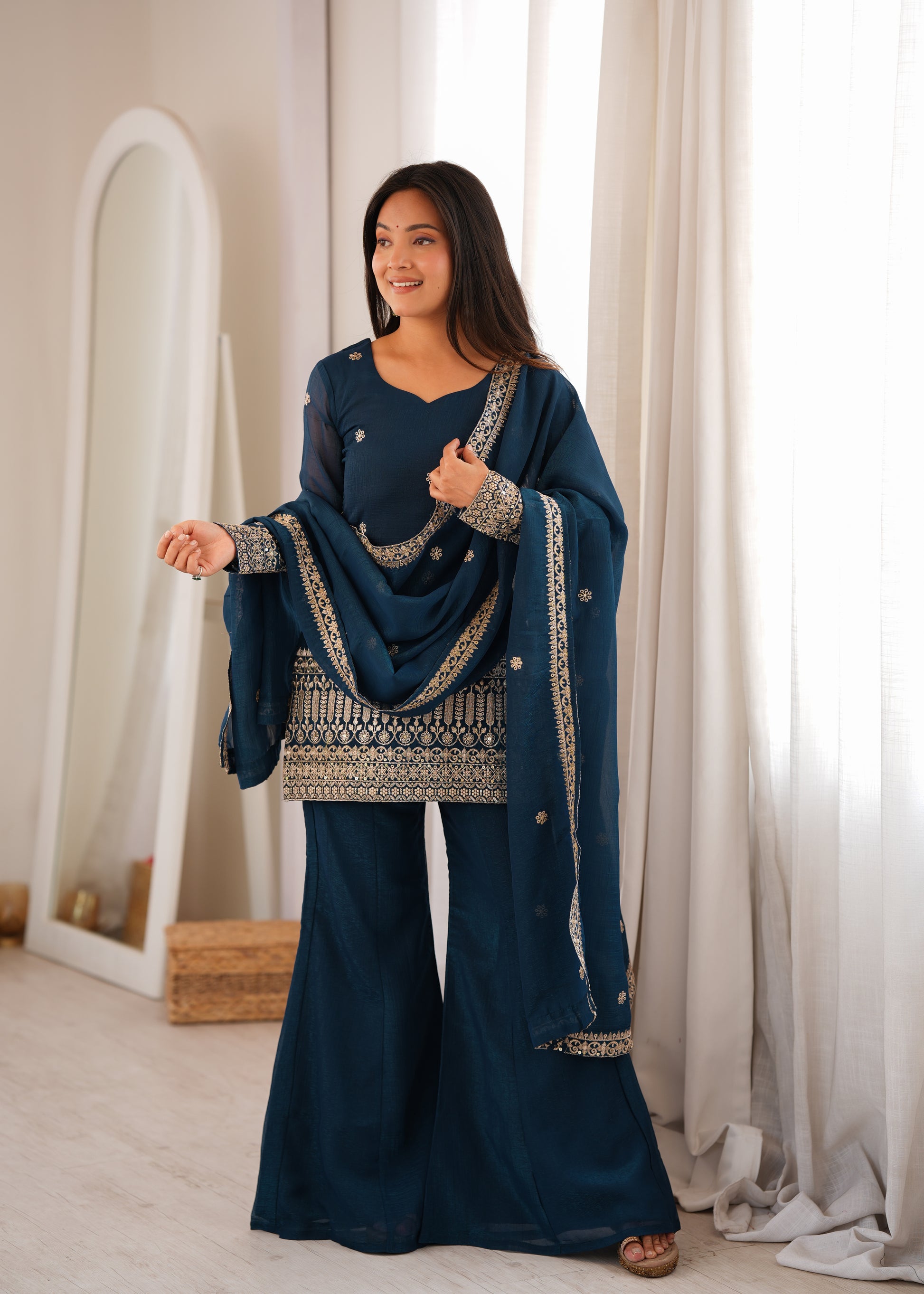 Purple Crinkle Silk Kurta Bell Bottom Set
