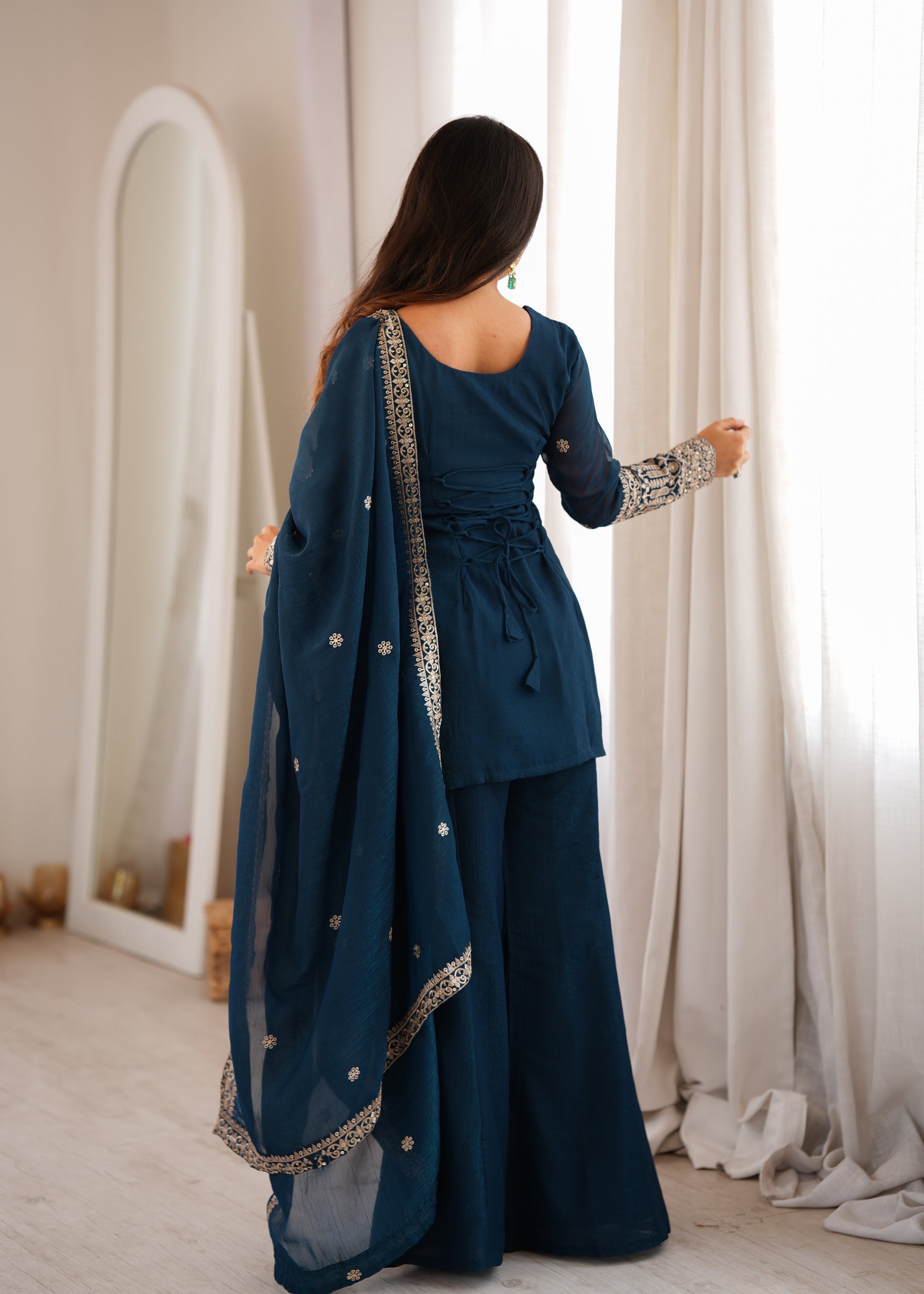 Purple Crinkle Silk Kurta Bell Bottom Set