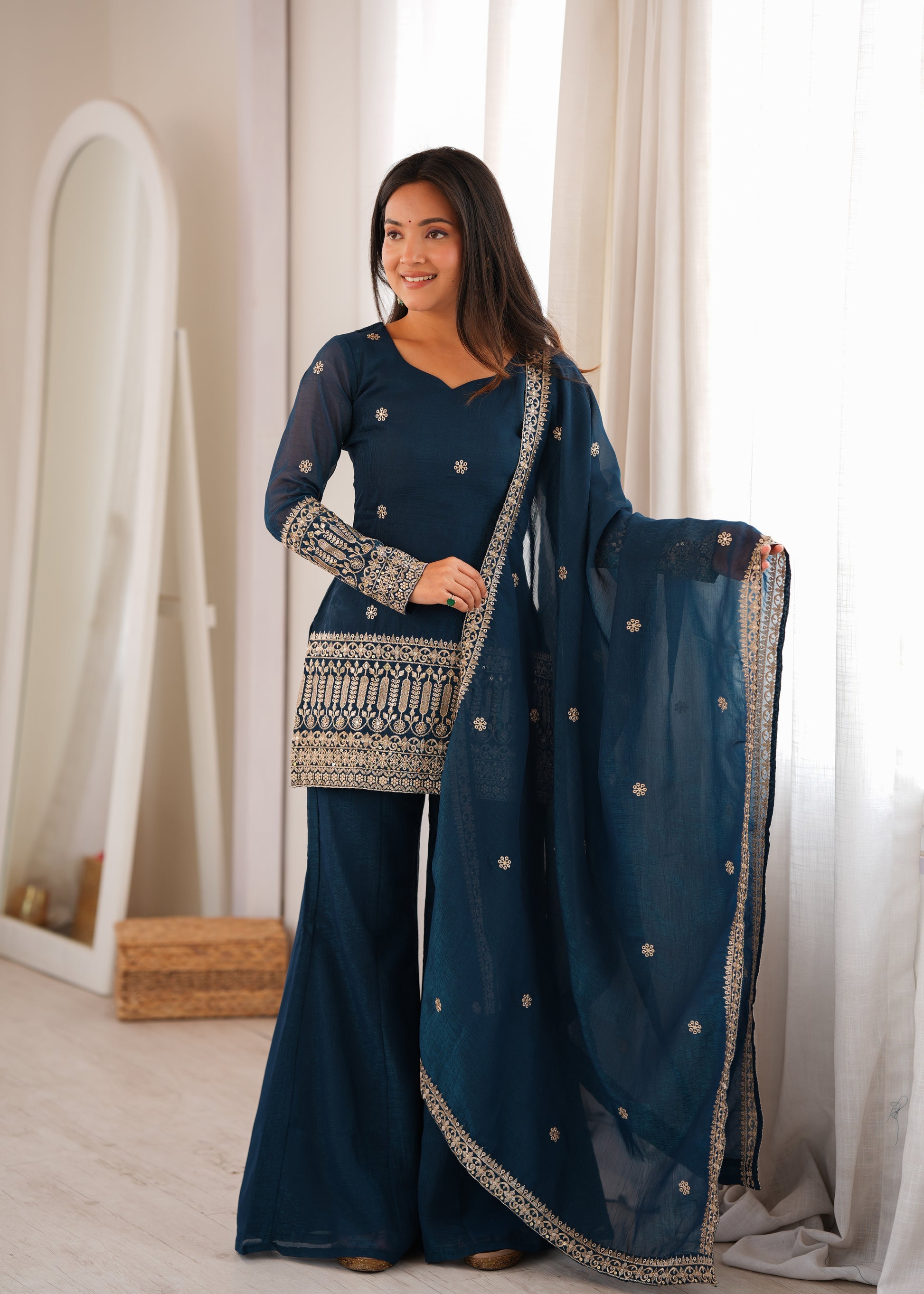 Purple Crinkle Silk Kurta Bell Bottom Set
