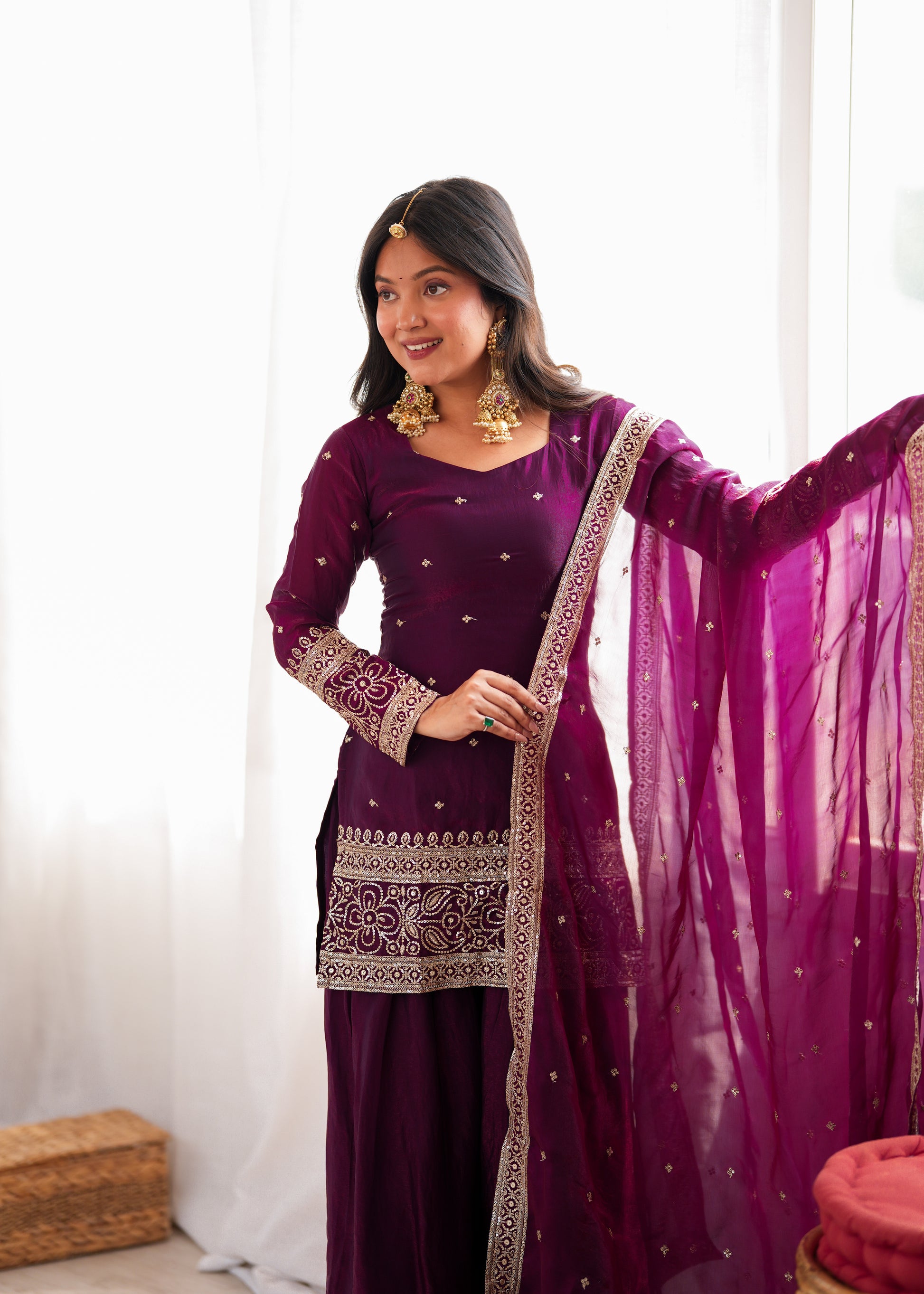 Purple Crinkle Silk Kurta Bell Bottom Set