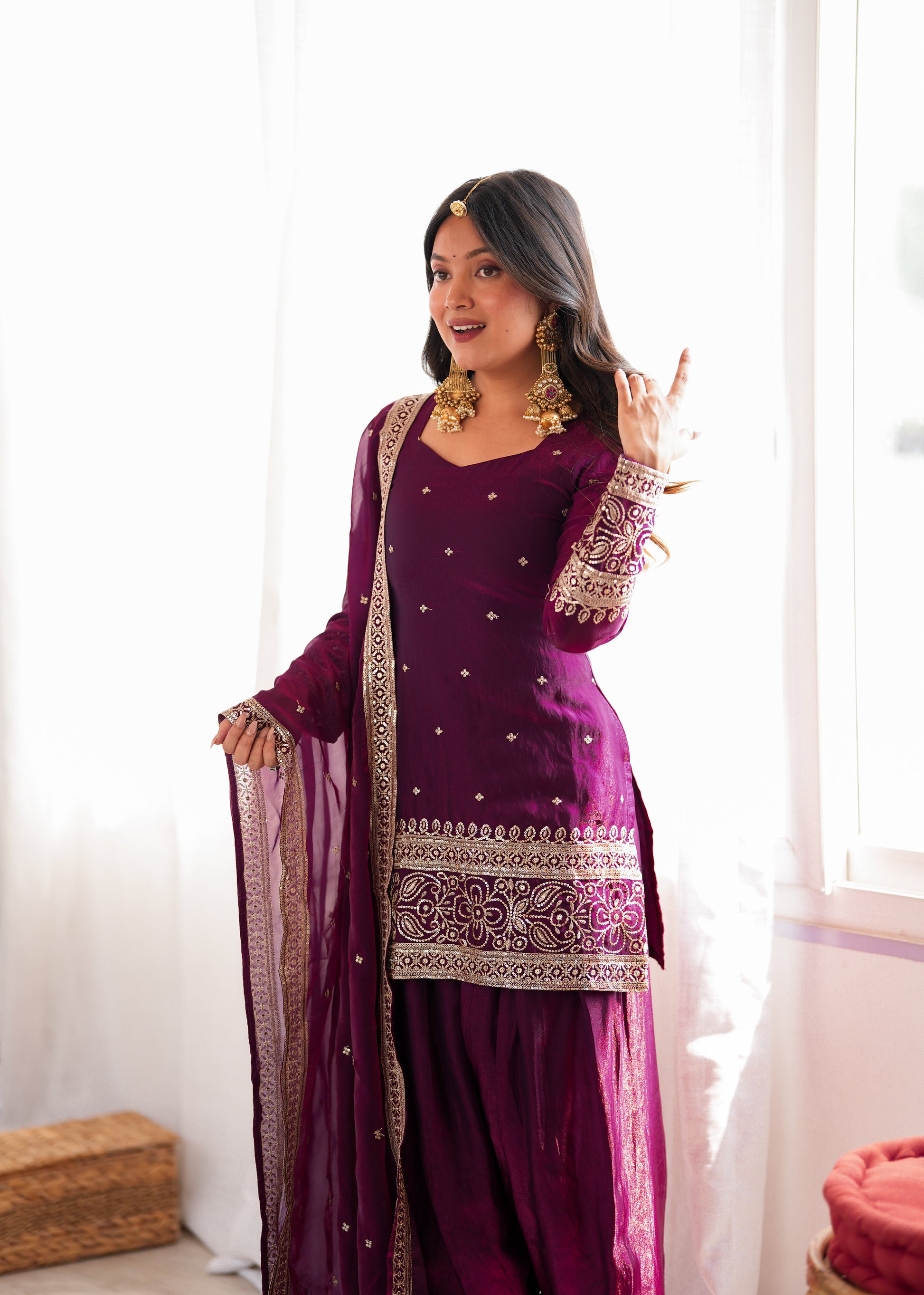 Purple Crinkle Silk Kurta Bell Bottom Set