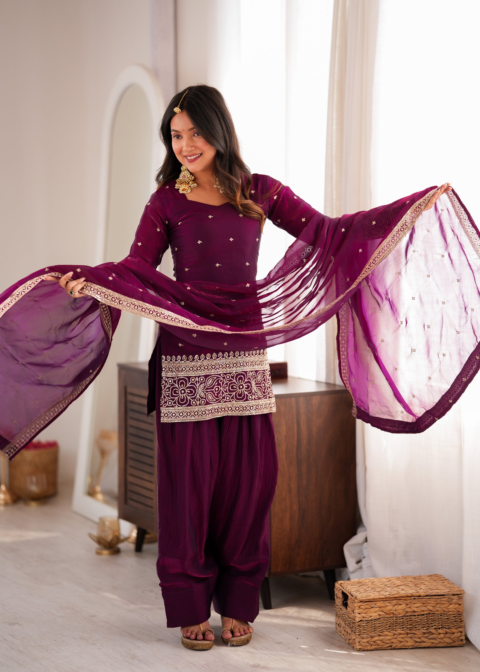 Purple Crinkle Silk Kurta Bell Bottom Set