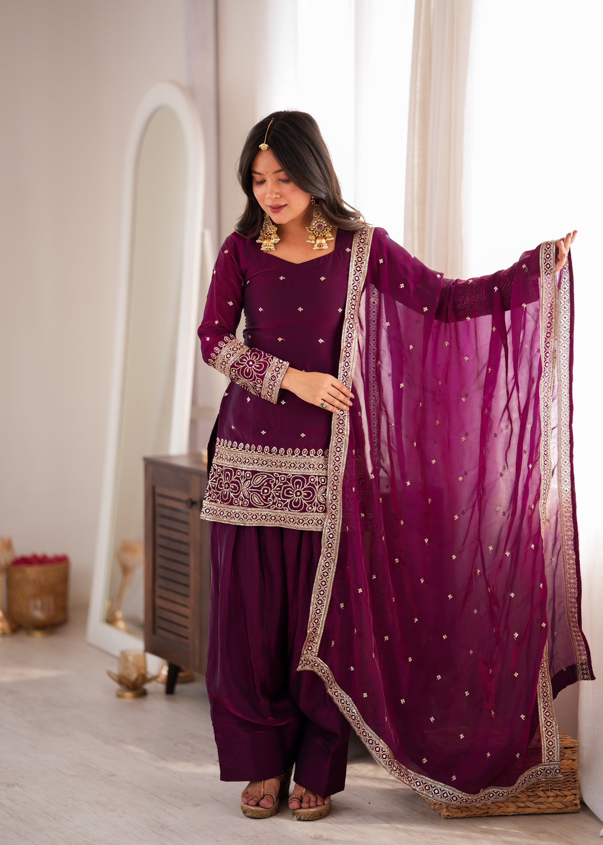 Purple Crinkle Silk Kurta Bell Bottom Set