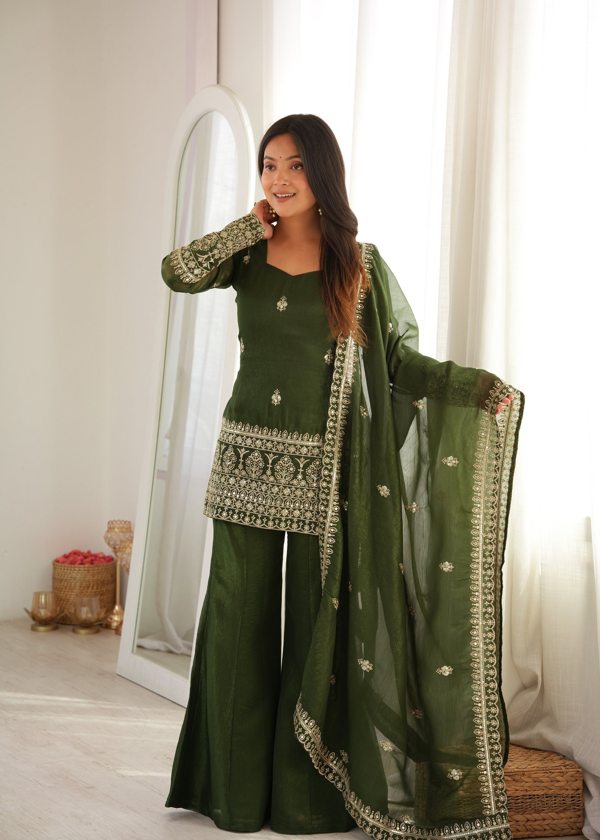 Purple Crinkle Silk Kurta Bell Bottom Set