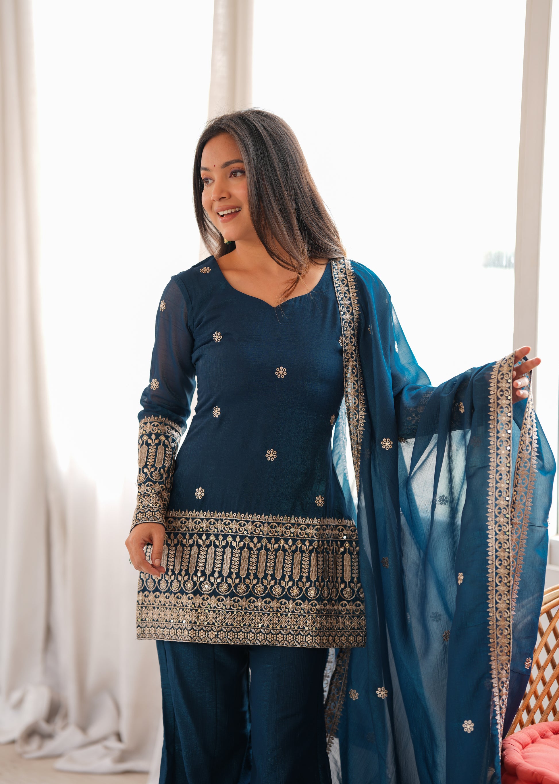 Purple Crinkle Silk Kurta Bell Bottom Set
