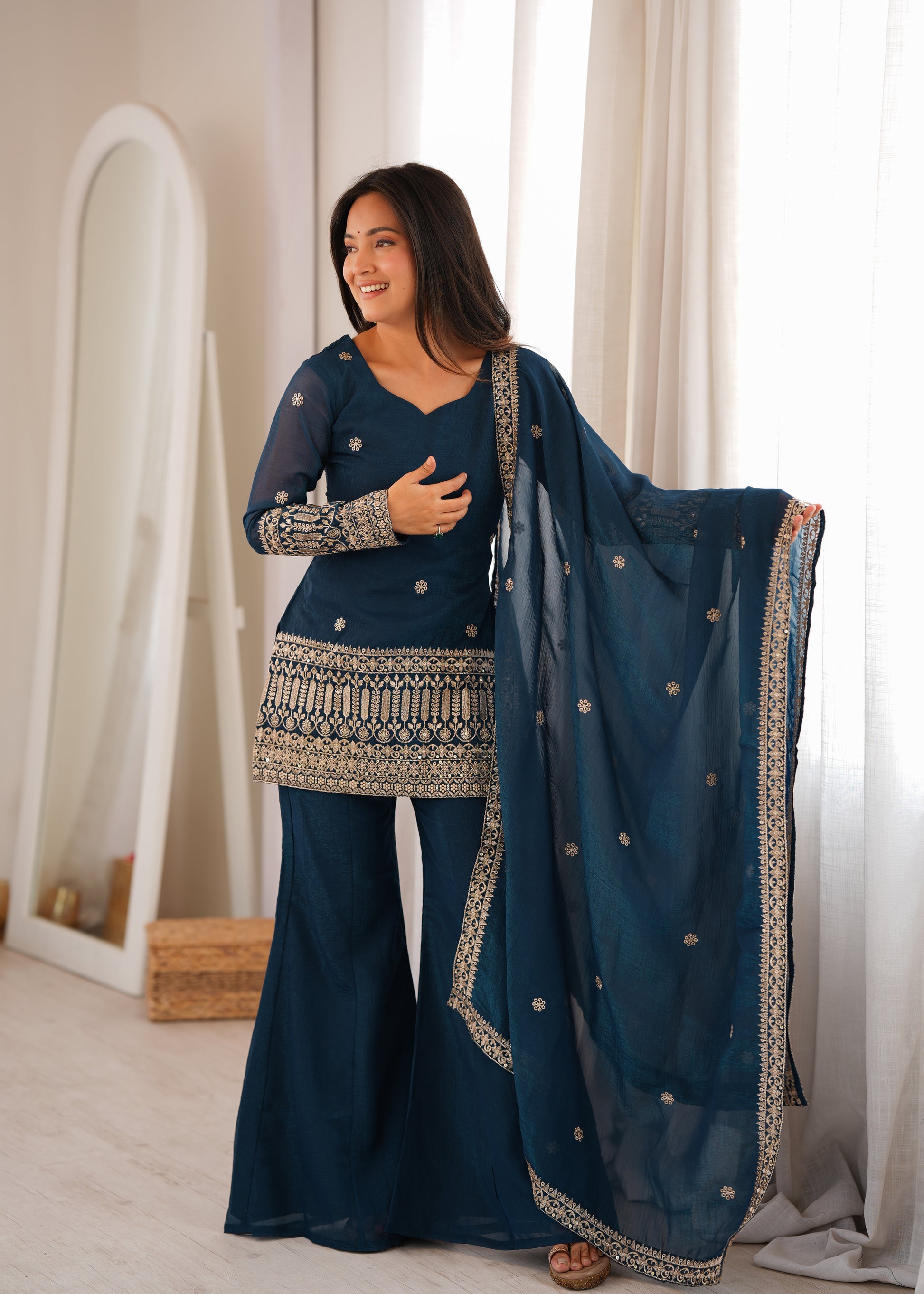 Purple Crinkle Silk Kurta Bell Bottom Set