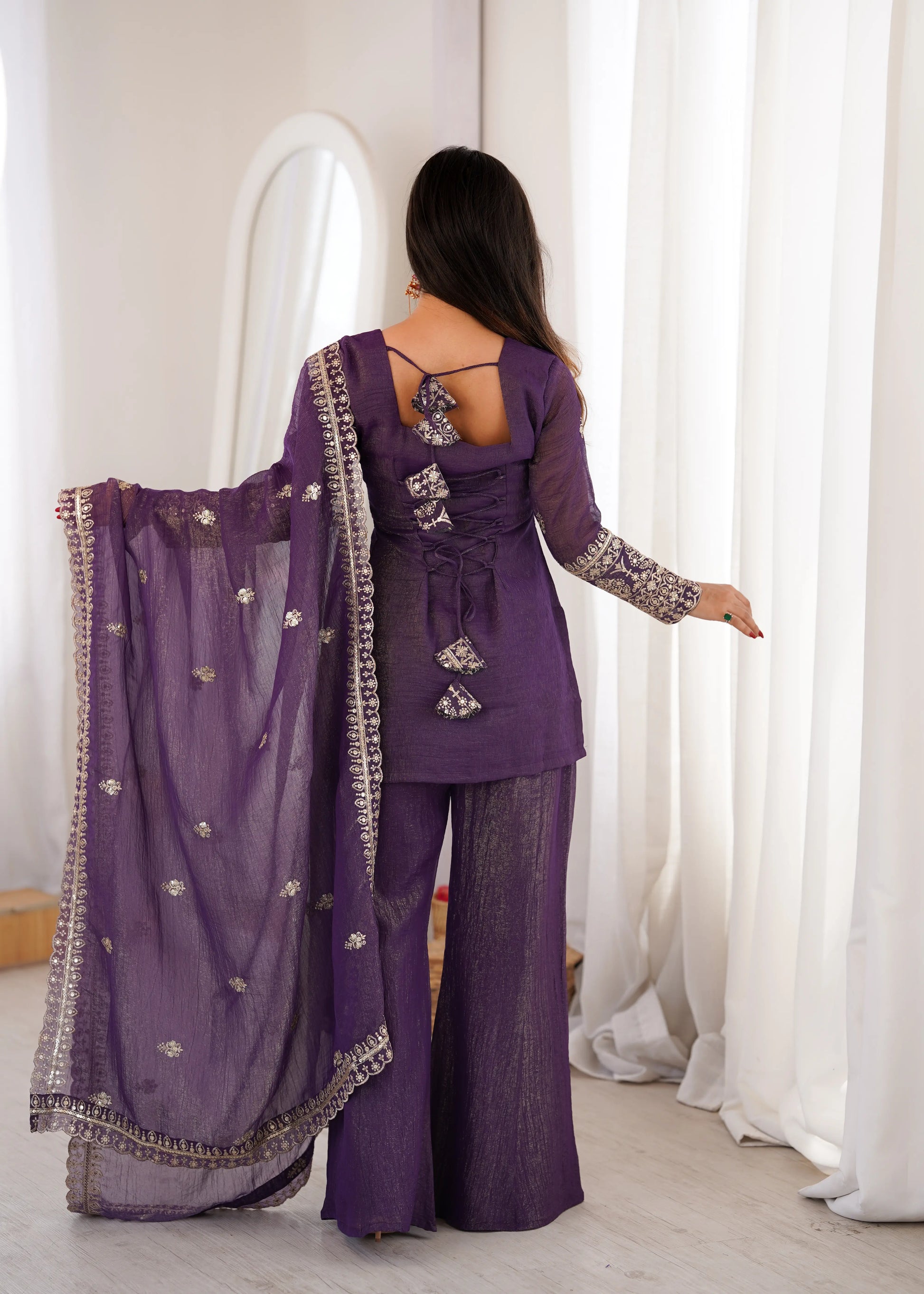 Purple Crinkle Silk Kurta Bell Bottom Set