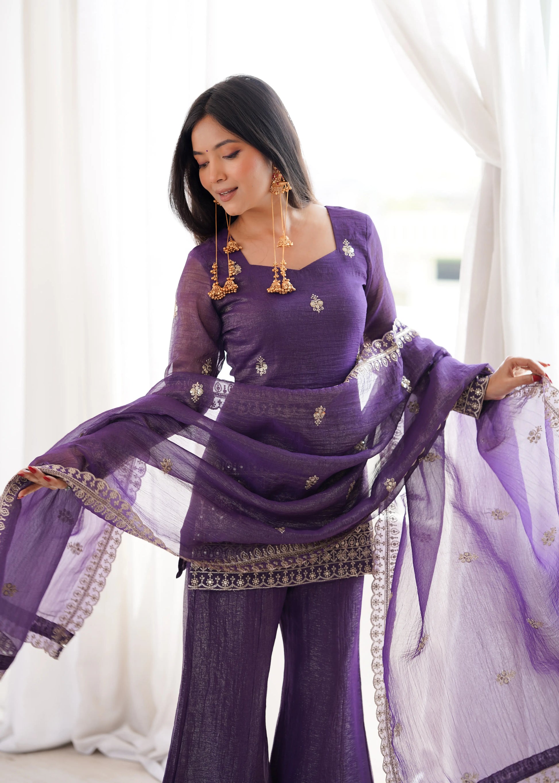 Purple Crinkle Silk Kurta Bell Bottom Set