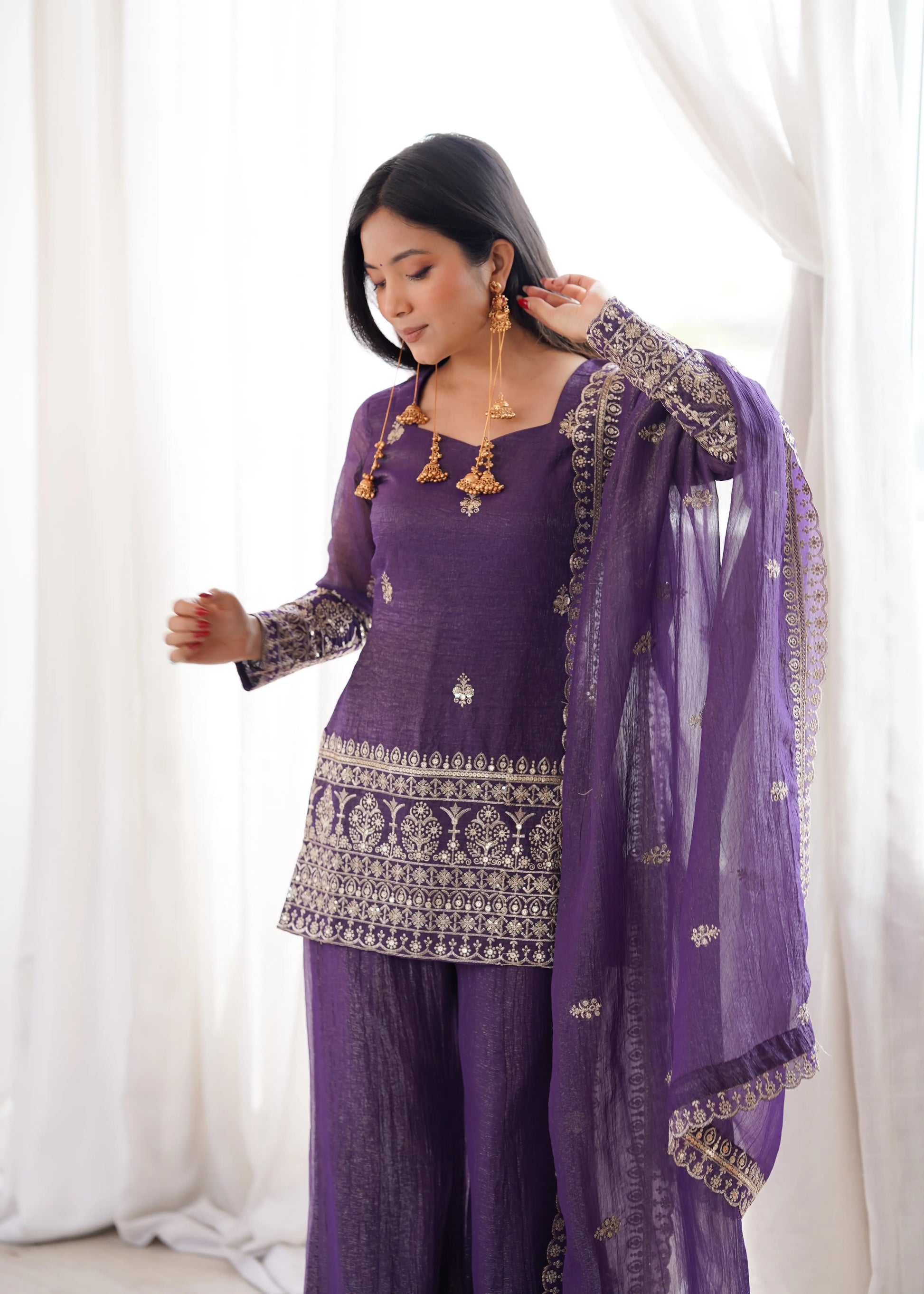 Purple Crinkle Silk Kurta Bell Bottom Set