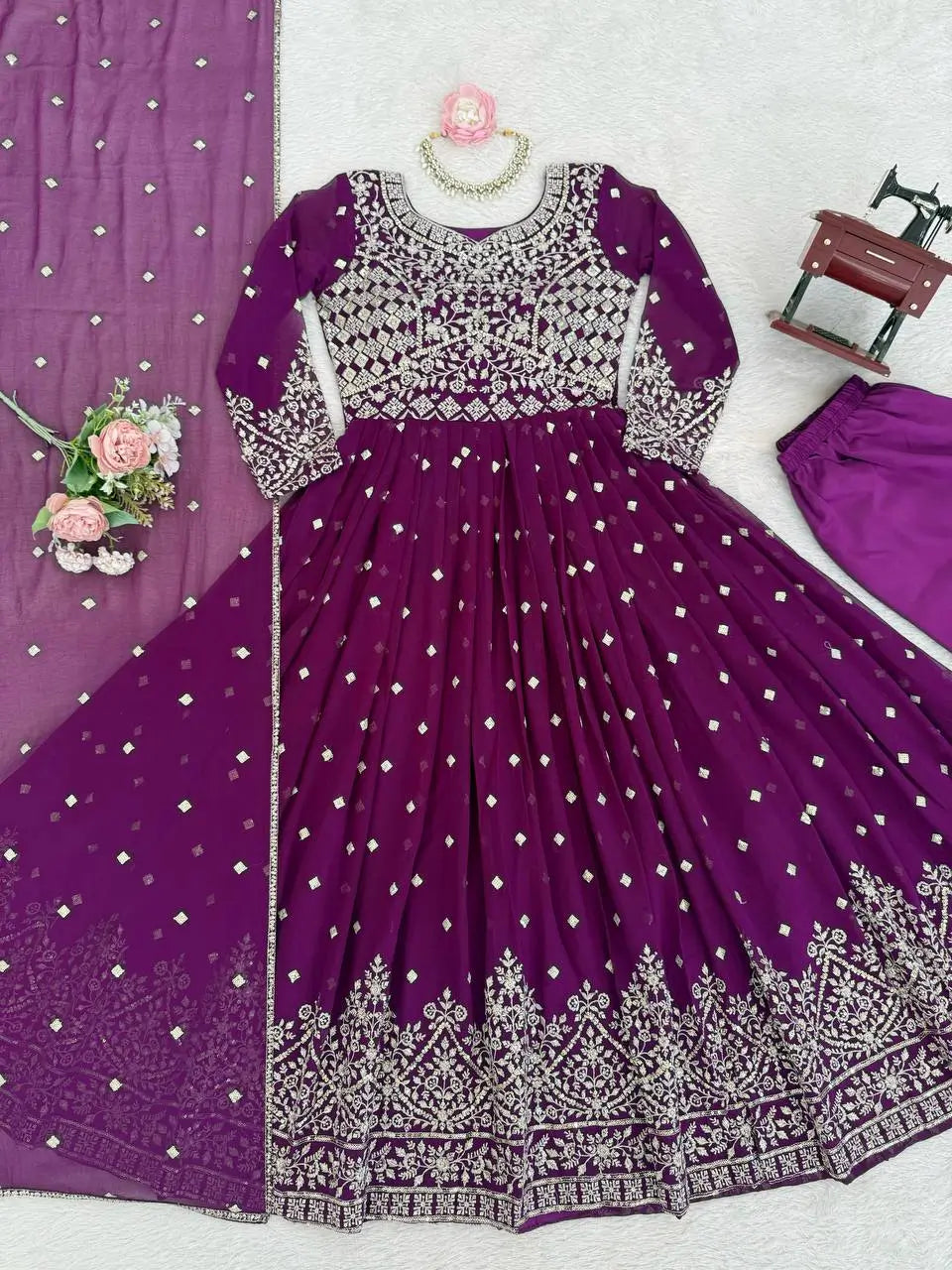 Purple Faux Georgette Anarkali Set with Sequin Thread Embroidery and Dupatta