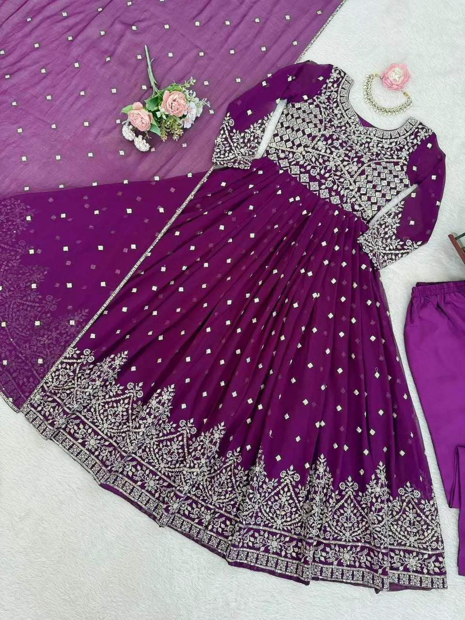Purple Faux Georgette Anarkali Set with Sequin Thread Embroidery and Dupatta