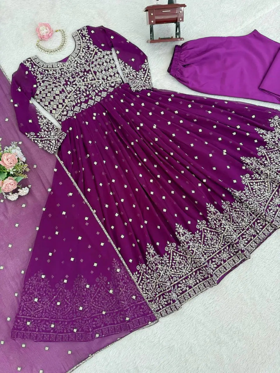 Purple Faux Georgette Anarkali Set with Sequin Thread Embroidery and Dupatta