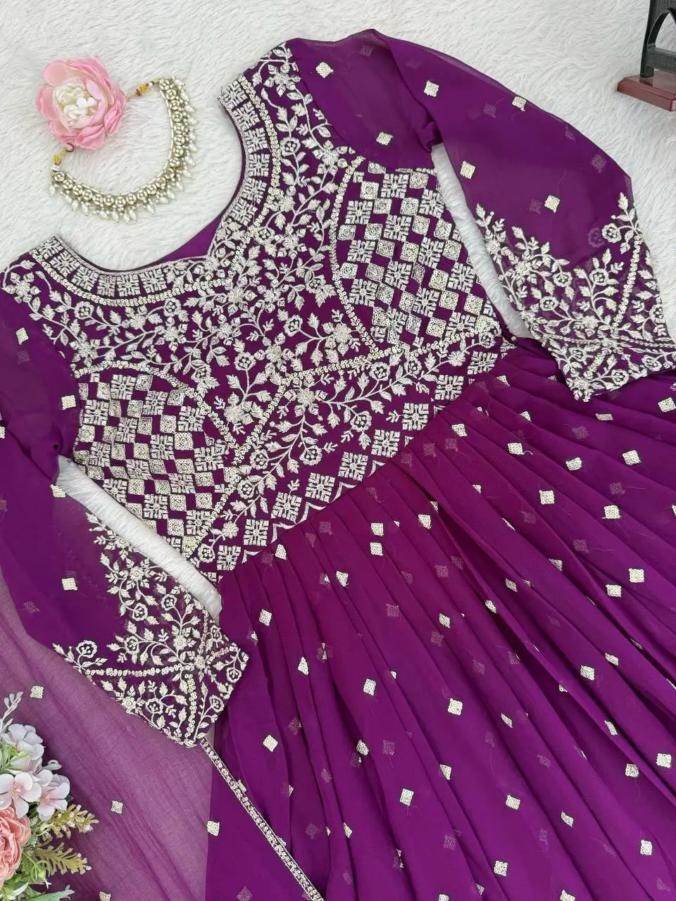 Purple Faux Georgette Anarkali Set with Sequin Thread Embroidery and Dupatta
