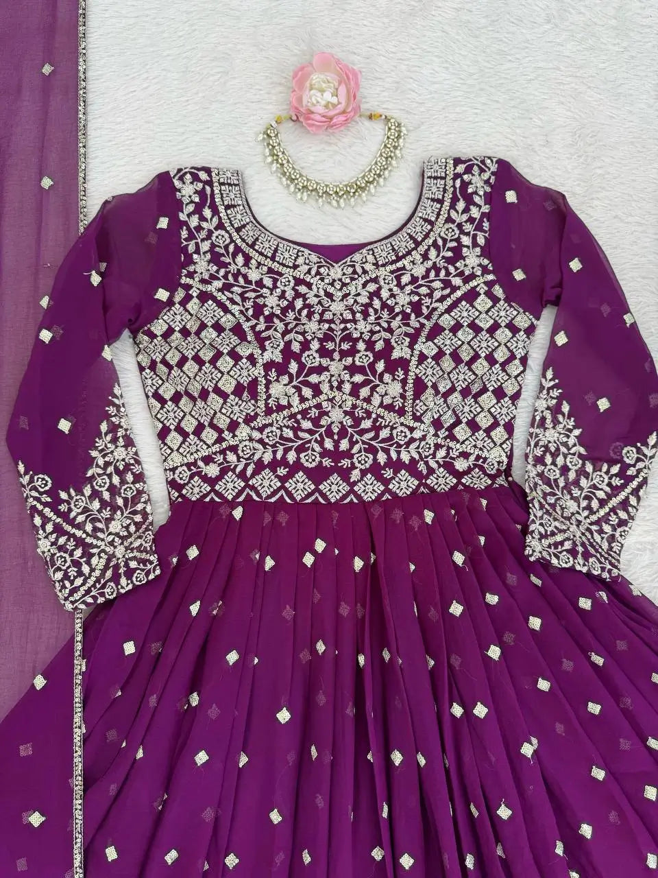 Purple Faux Georgette Anarkali Set with Sequin Thread Embroidery and Dupatta