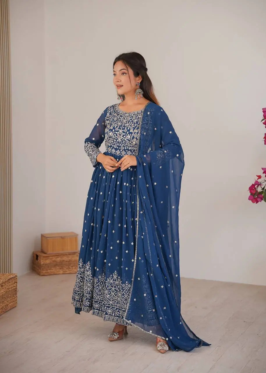 Purple Faux Georgette Anarkali Set with Sequin Thread Embroidery and Dupatta