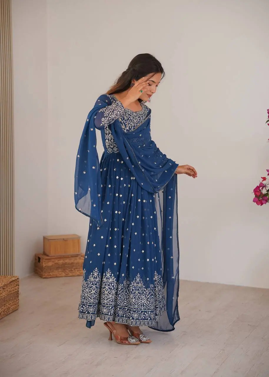 Purple Faux Georgette Anarkali Set with Sequin Thread Embroidery and Dupatta