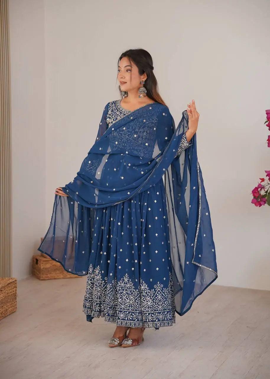 Purple Faux Georgette Anarkali Set with Sequin Thread Embroidery and Dupatta
