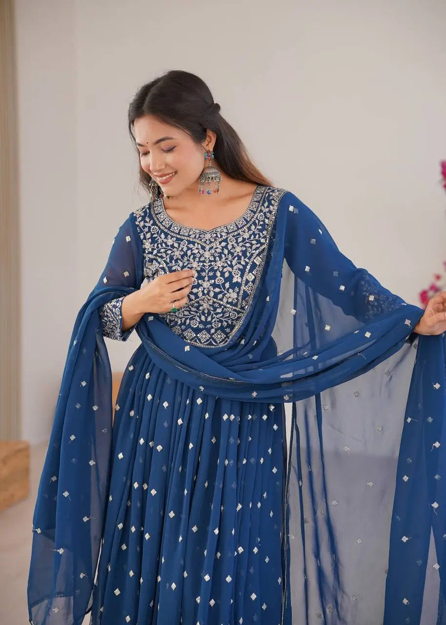 Purple Faux Georgette Anarkali Set with Sequin Thread Embroidery and Dupatta