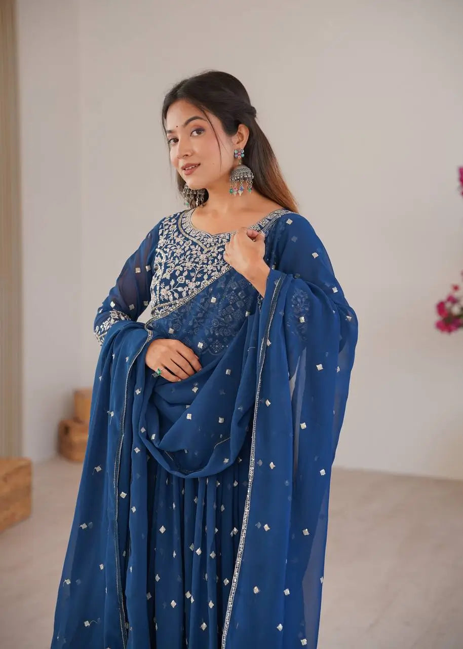 Purple Faux Georgette Anarkali Set with Sequin Thread Embroidery and Dupatta