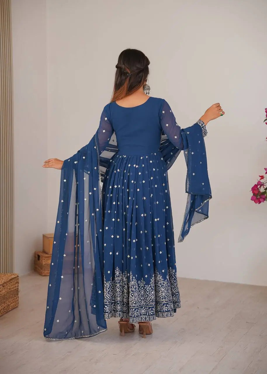 Purple Faux Georgette Anarkali Set with Sequin Thread Embroidery and Dupatta