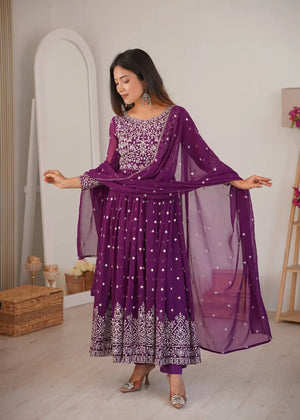 Purple Faux Georgette Anarkali Set with Sequin Thread Embroidery and Dupatta