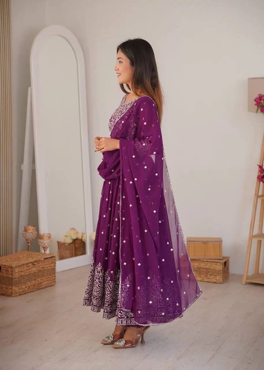 Purple Faux Georgette Anarkali Set with Sequin Thread Embroidery and Dupatta