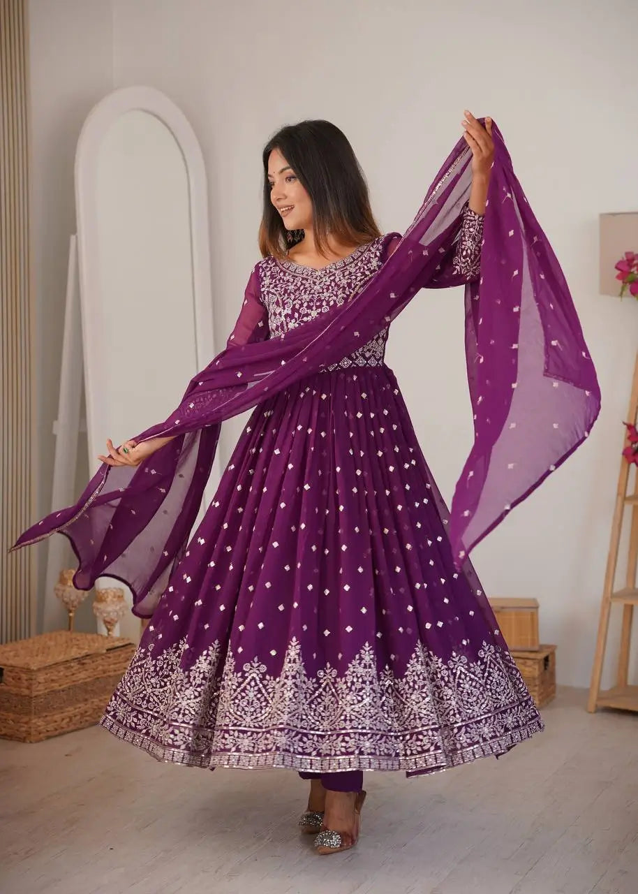 Purple Faux Georgette Anarkali Set with Sequin Thread Embroidery and Dupatta