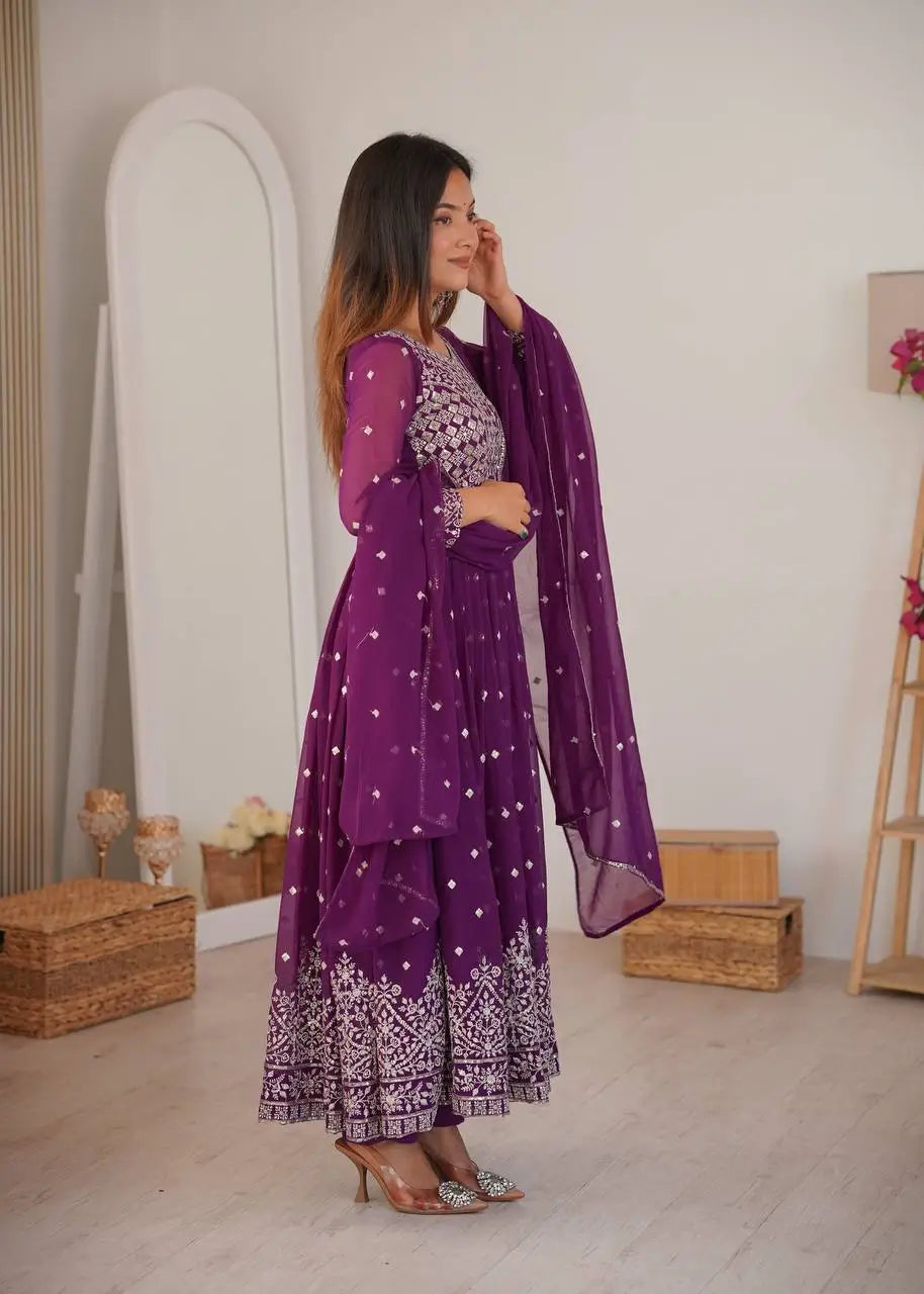 Purple Faux Georgette Anarkali Set with Sequin Thread Embroidery and Dupatta