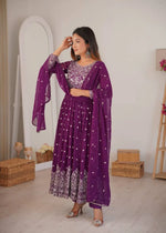 Purple Faux Georgette Anarkali Set with Sequin Thread Embroidery and Dupatta